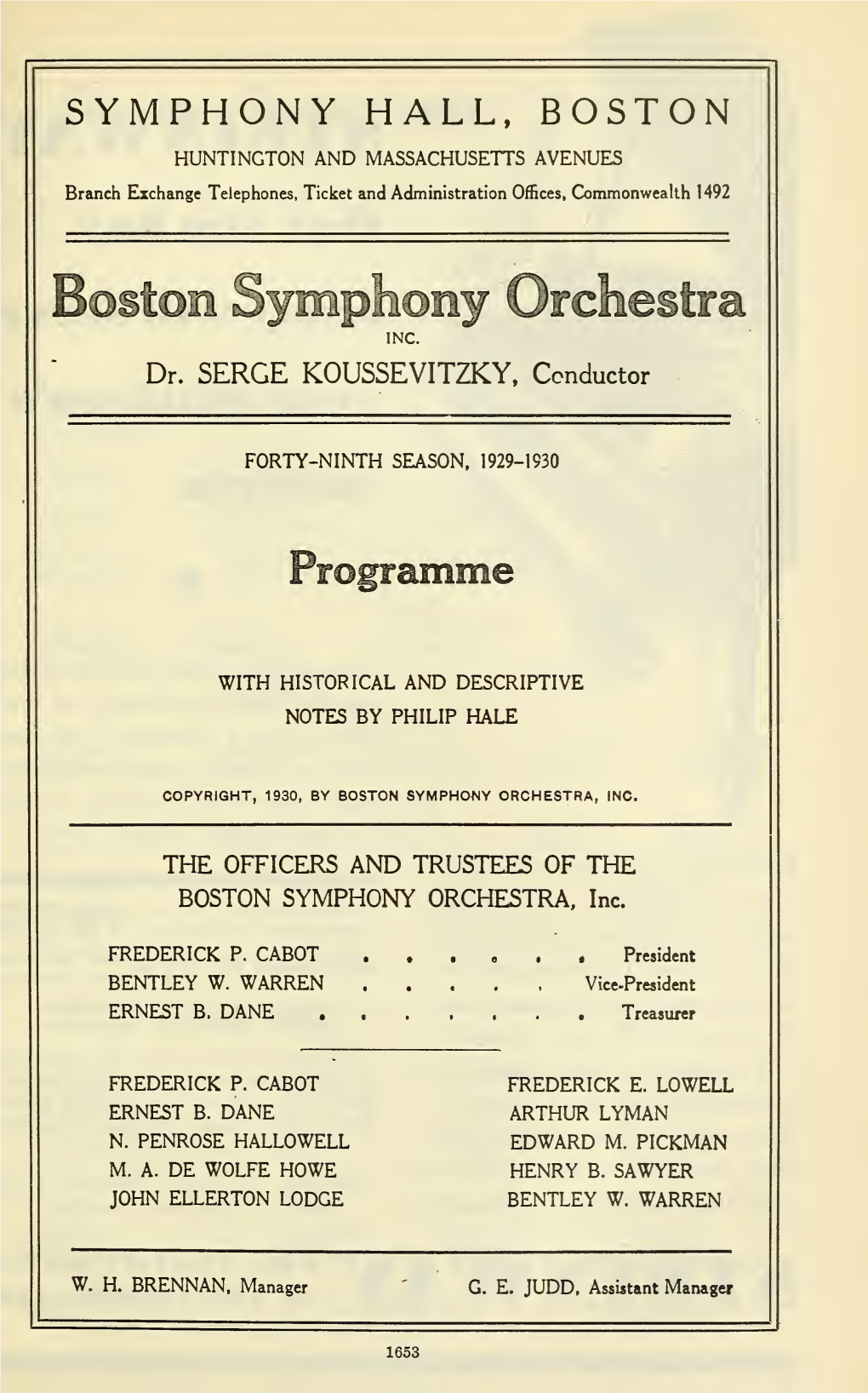 Boston Symphony Orchestra Concert Programs, Season 49,1929-1930, Subscription Series