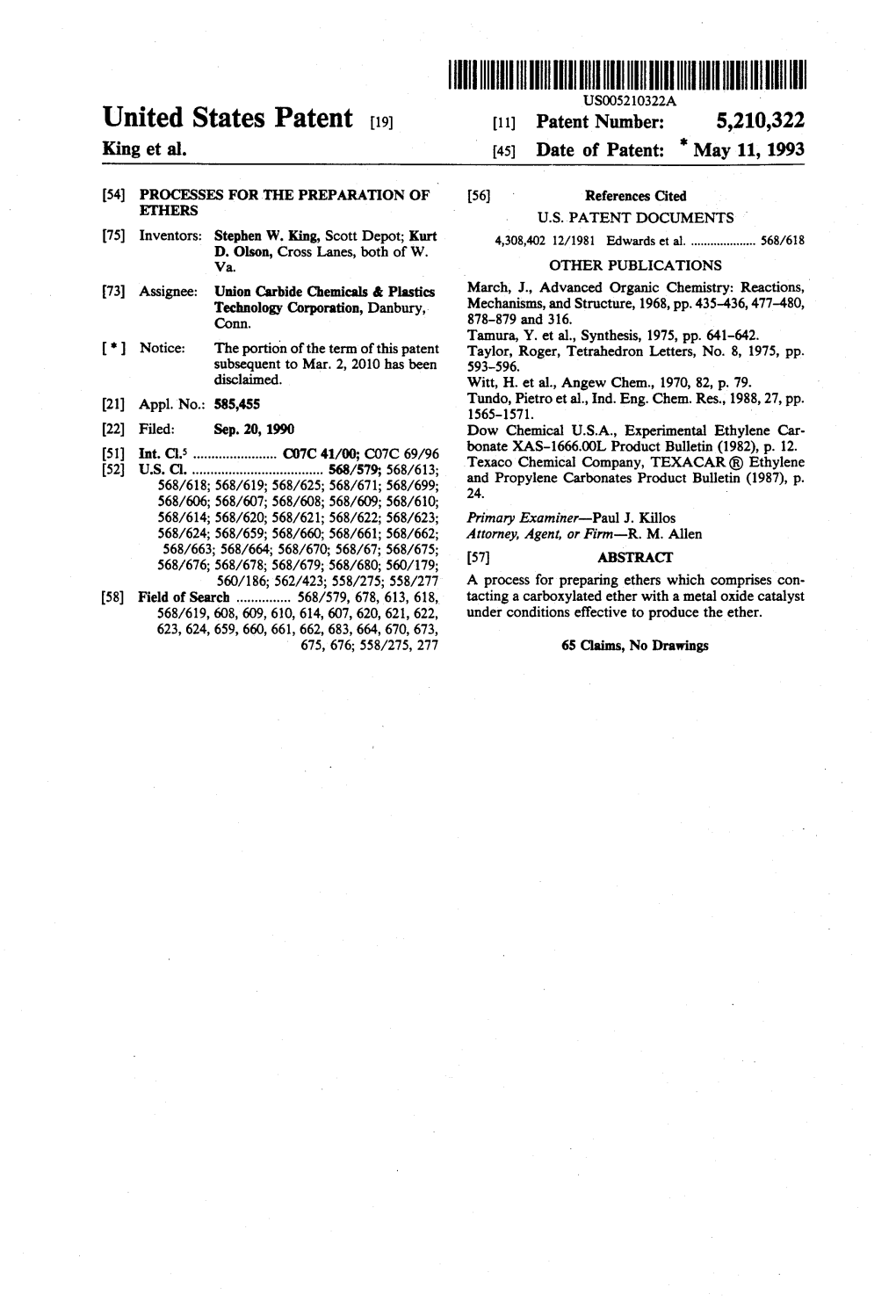 United States Patent (19) 11) Patent Number: 5,210,322 King Et Al. (45