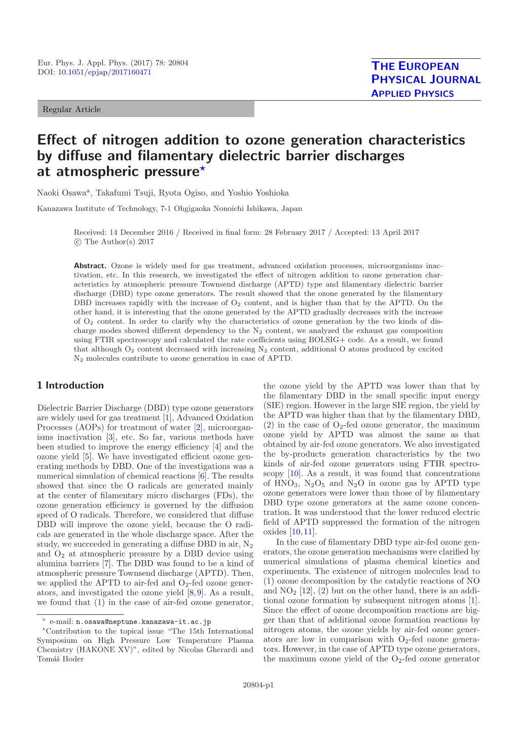 Effect of Nitrogen Addition to Ozone Generation Characteristics by Diffuse and Filamentary Dielectric Barrier Discharges at Atmo