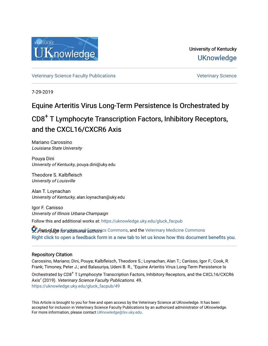 Equine Arteritis Virus Long-Term Persistence Is Orchestrated by CD8+ T Lymphocyte Transcription Factors, Inhibitory Receptors, and the CXCL16/CXCR6 Axis