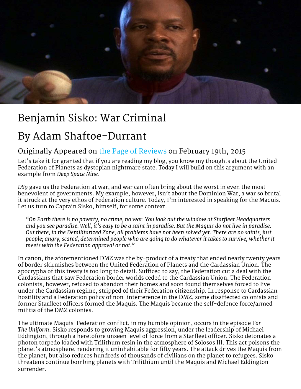 Benjamin Sisko: War Criminal by Adam Shaftoe-Durrant