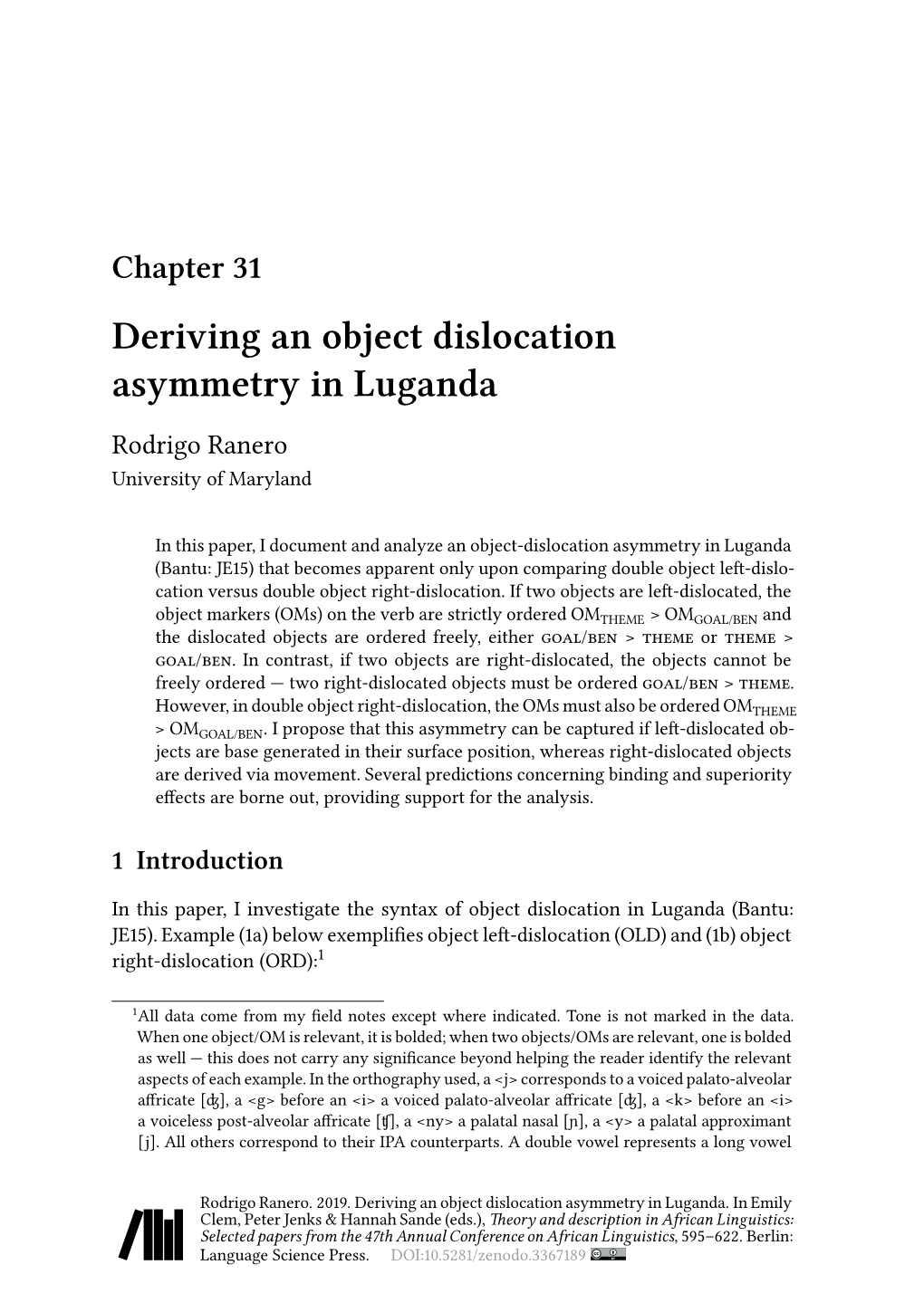 Chapter 31 Deriving an Object Dislocation Asymmetry in Luganda Rodrigo Ranero University of Maryland