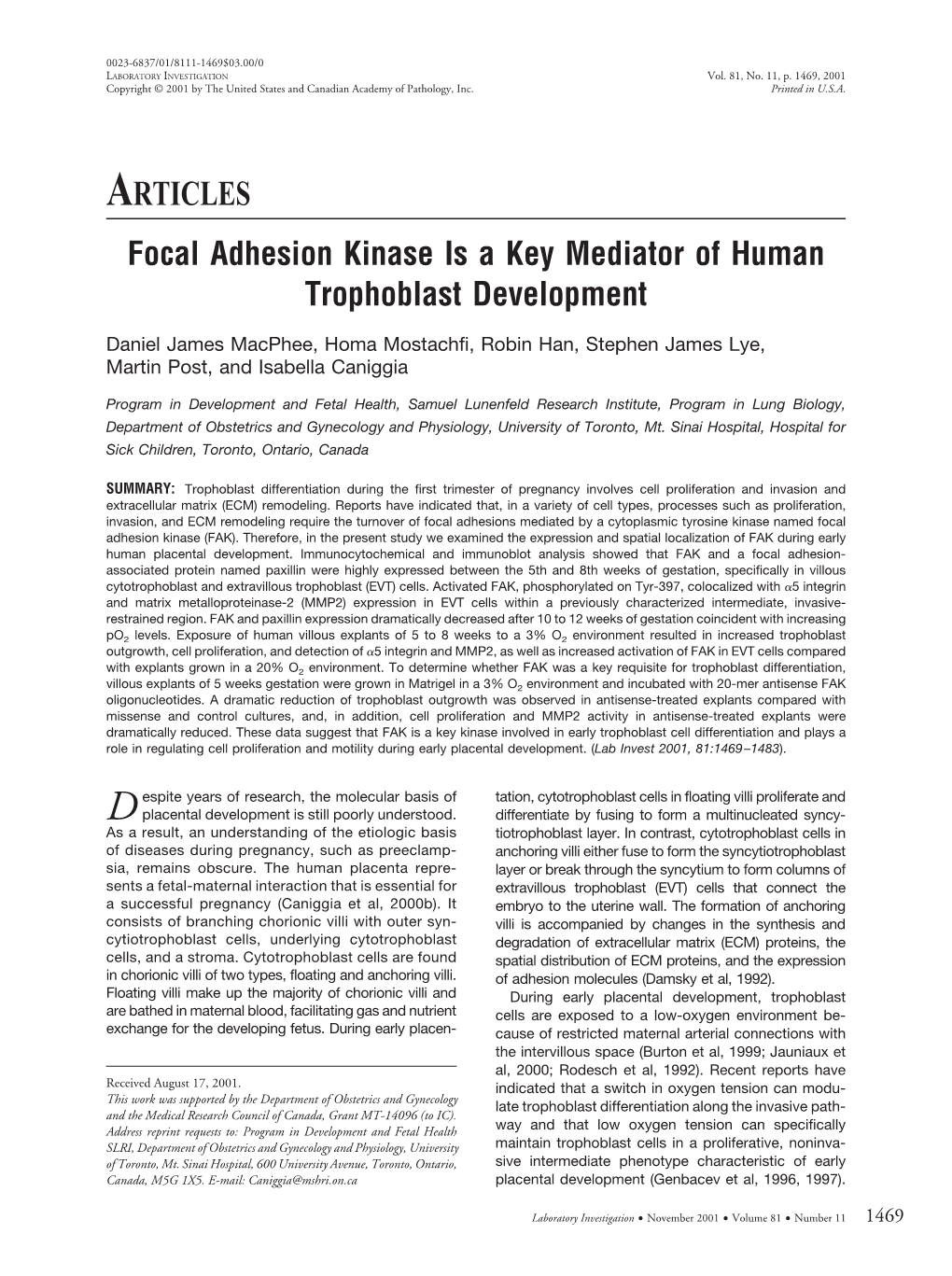 Focal Adhesion Kinase Is a Key Mediator of Human Trophoblast Development