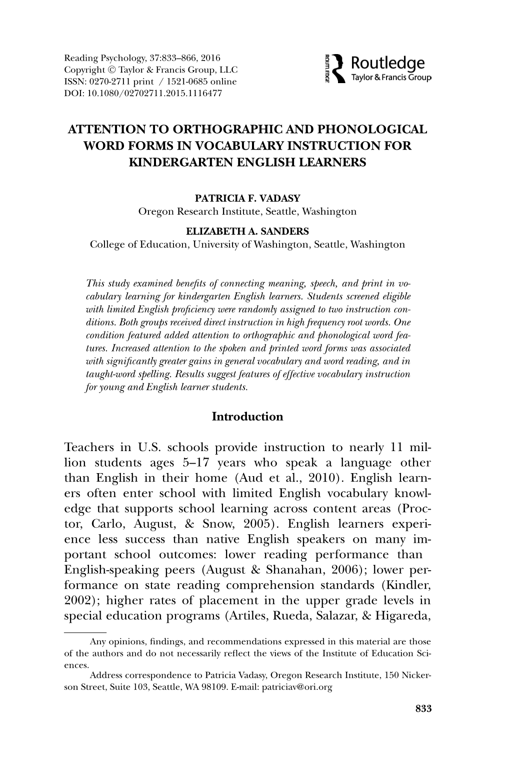 Attention to Orthographic and Phonological Word Forms in Vocabulary Instruction for Kindergarten English Learners