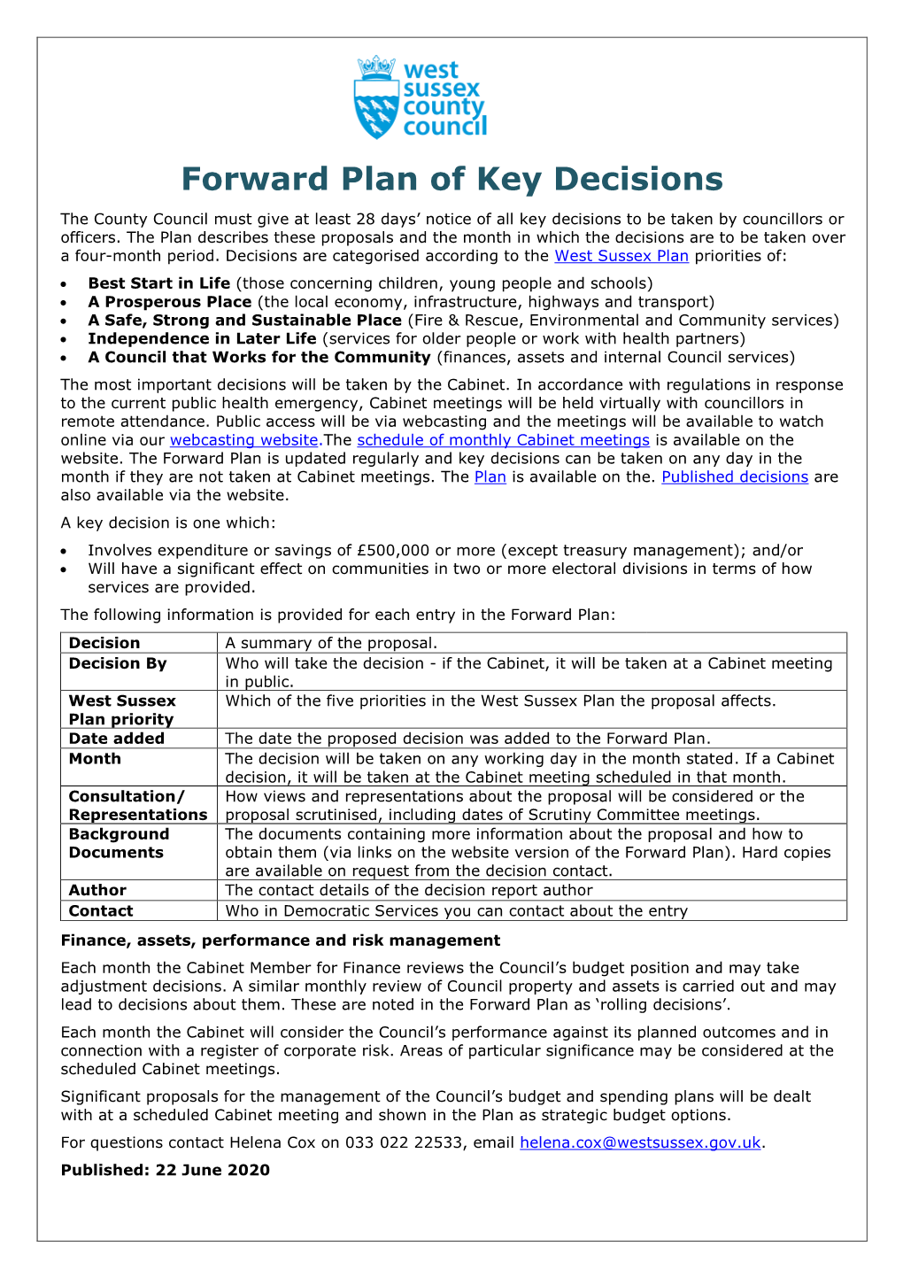 Forward Plan of Key Decisions