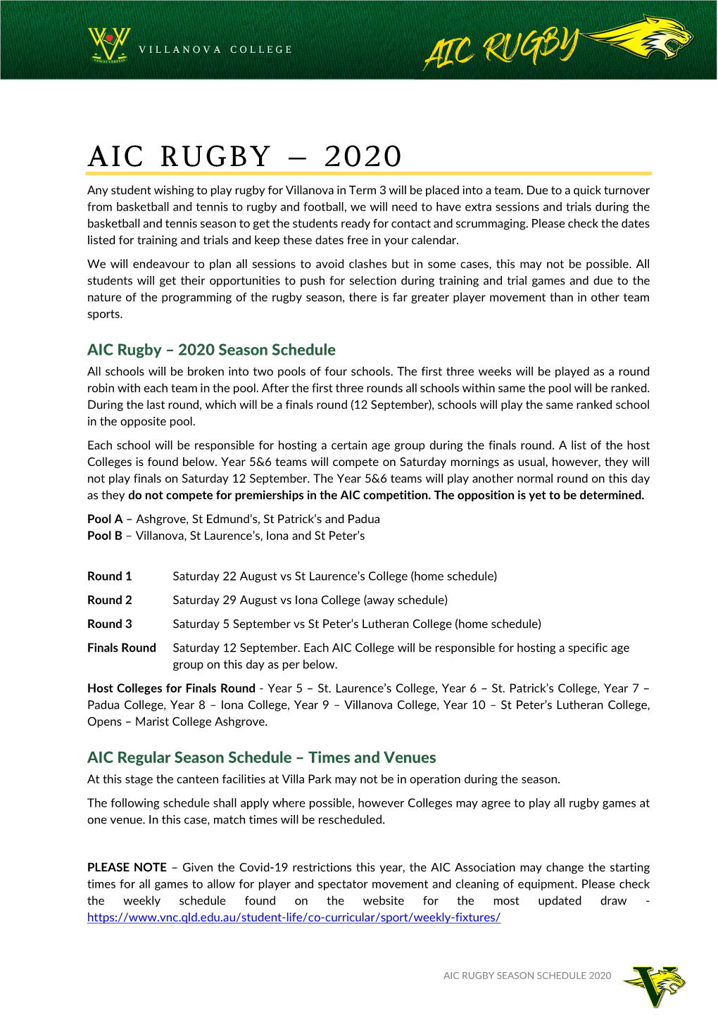 AIC Rugby – 2020 Season Schedule All Schools Will Be Broken Into Two Pools of Four Schools