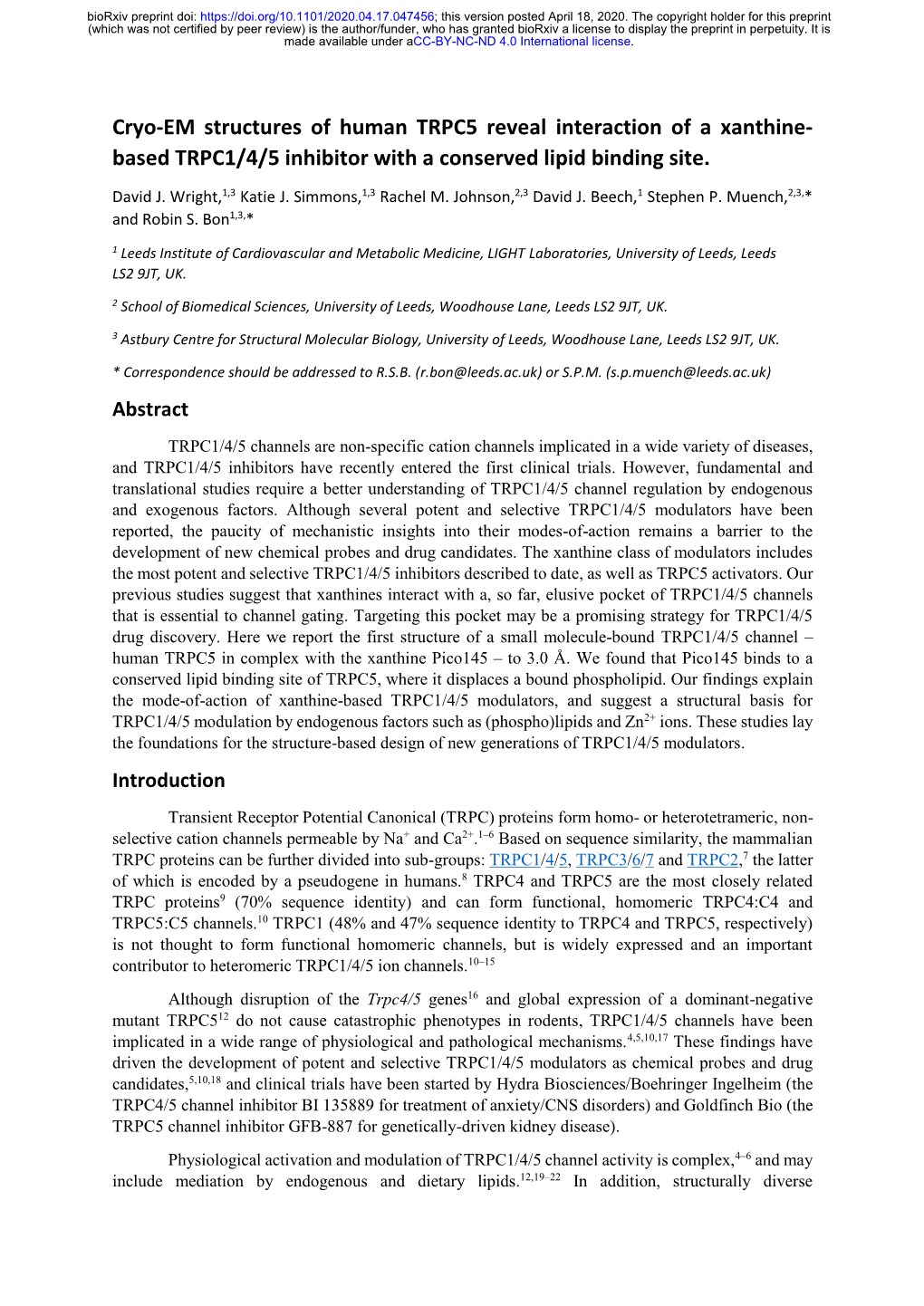 Cryo-EM Structures of Human TRPC5 Reveal Interaction of a Xanthine- Based TRPC1/4/5 Inhibitor with a Conserved Lipid Binding Site