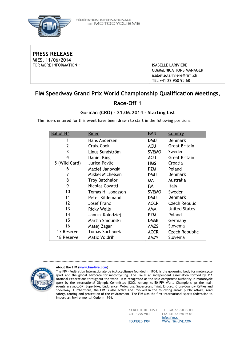 PRESS RELEASE FIM Speedway Grand Prix World Championship