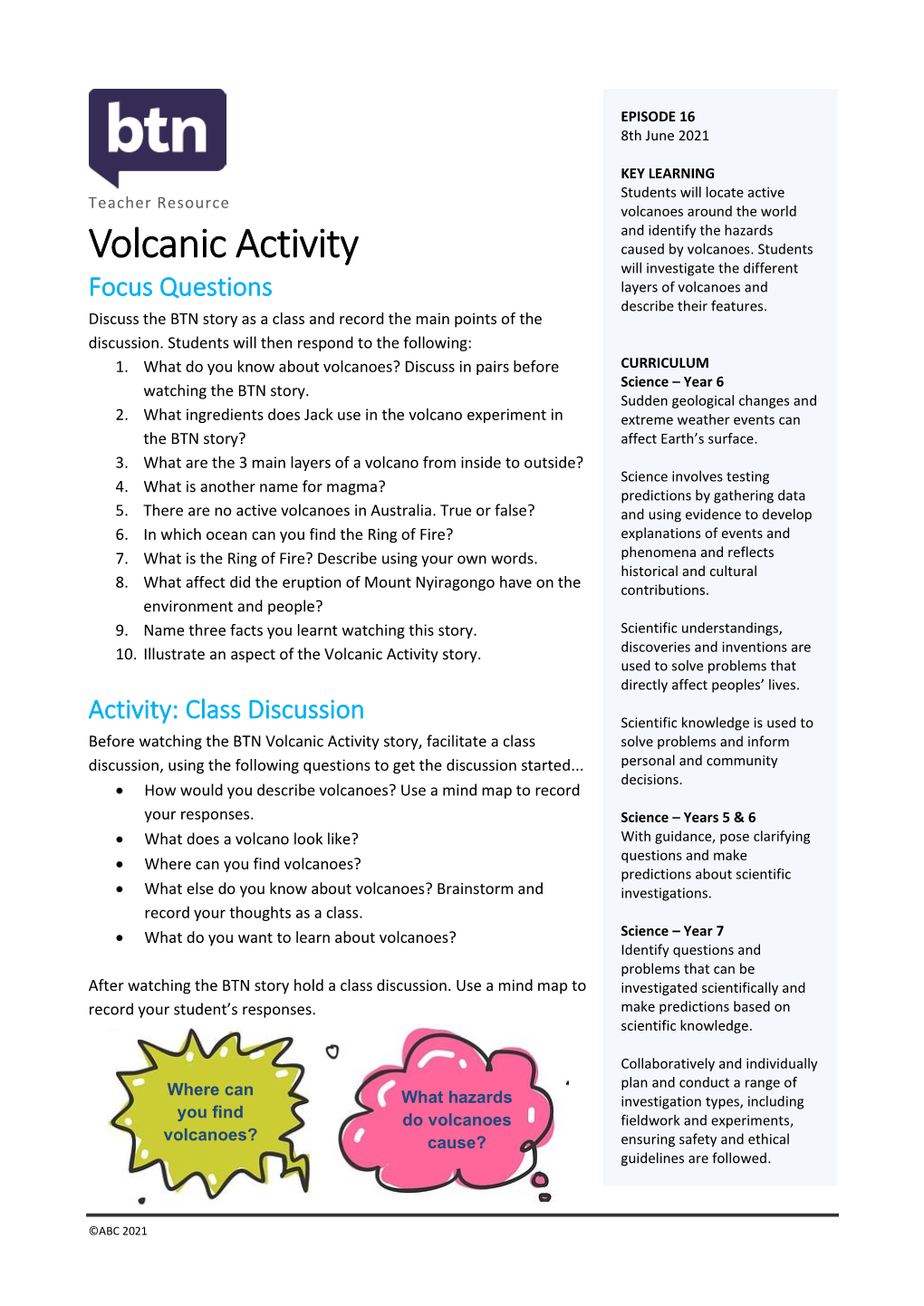 Volcanic Activity – Teacher Resource