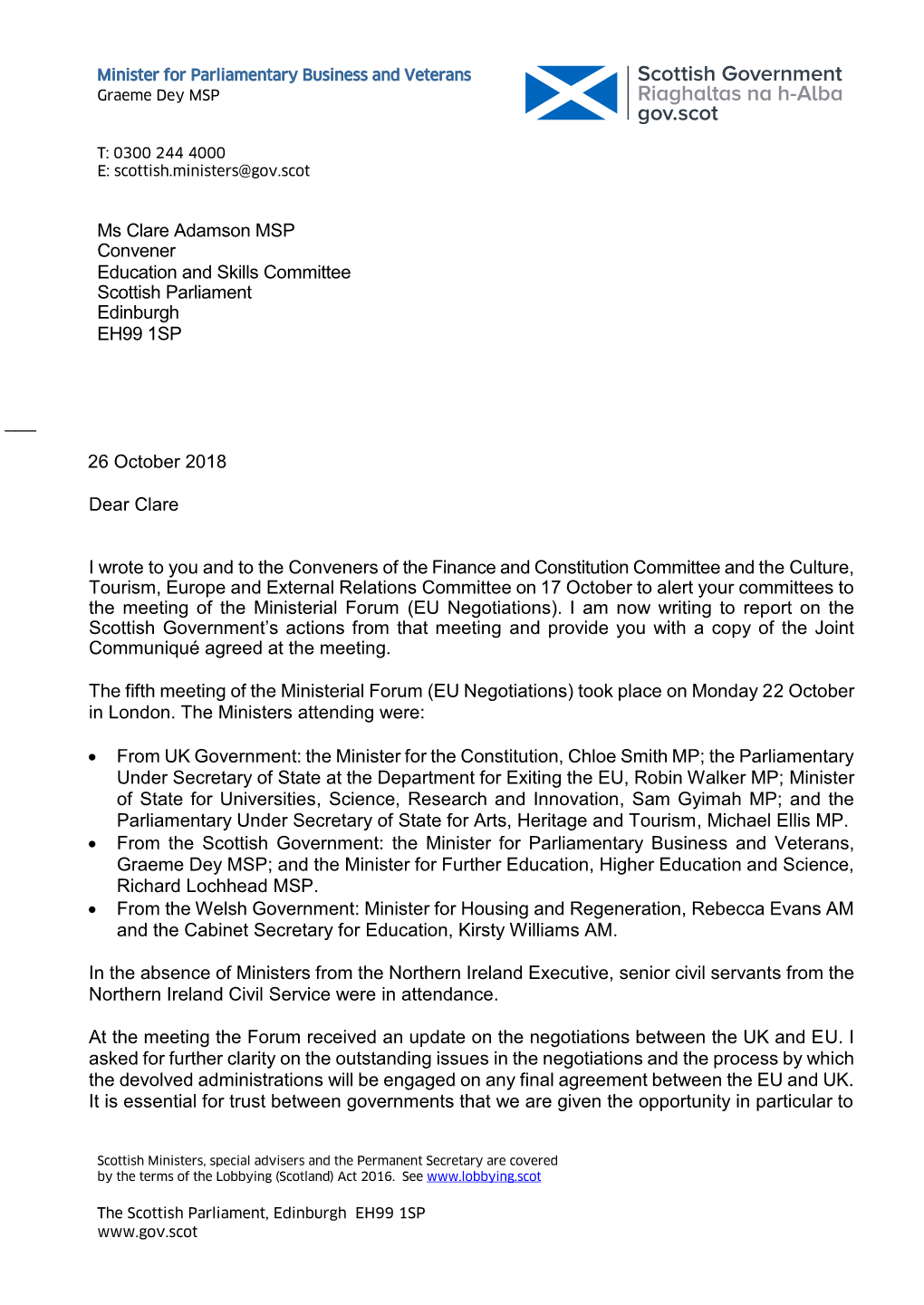 Letter from the Minister for Parliamentary Business and Veterans Regarding the Ministerial Forum