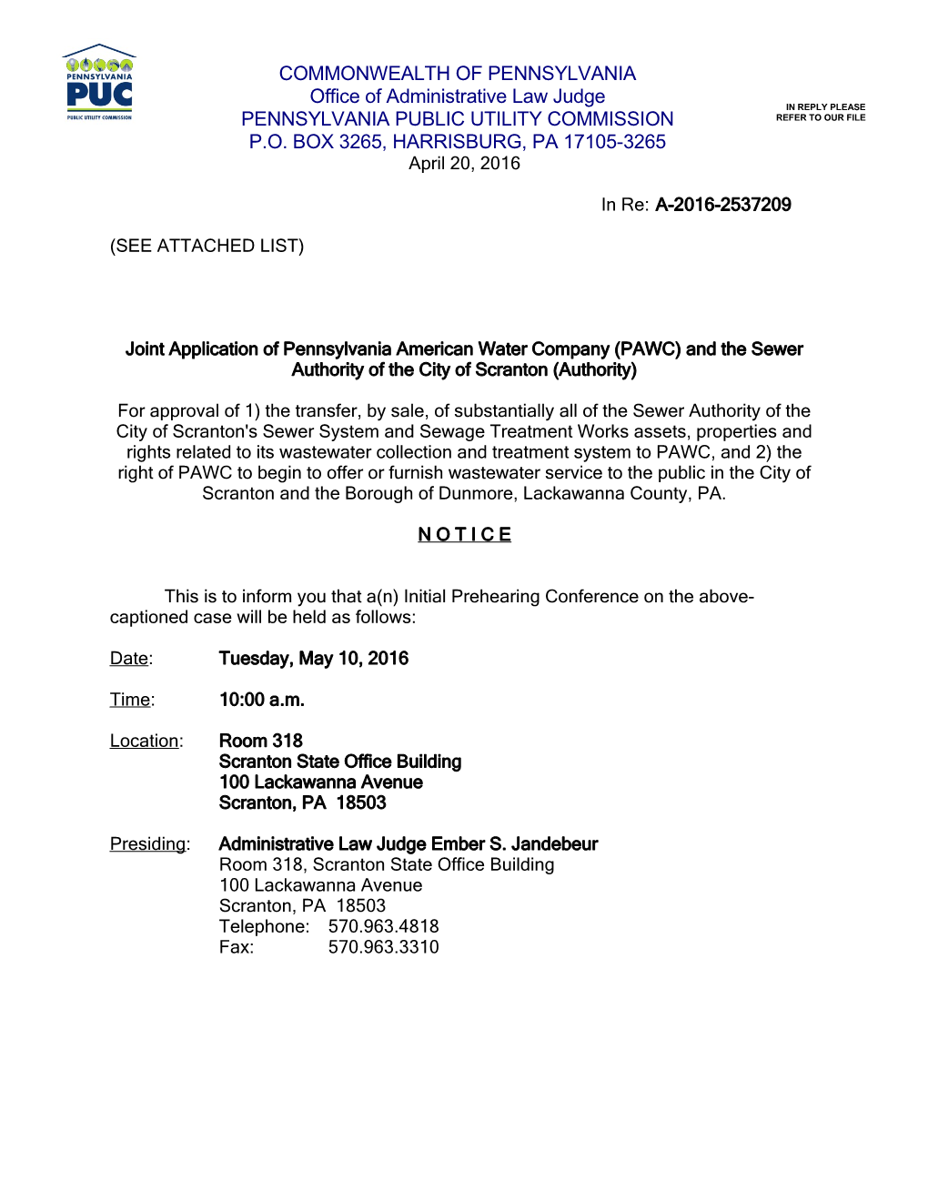 Scranton Prehearing Conference Notice