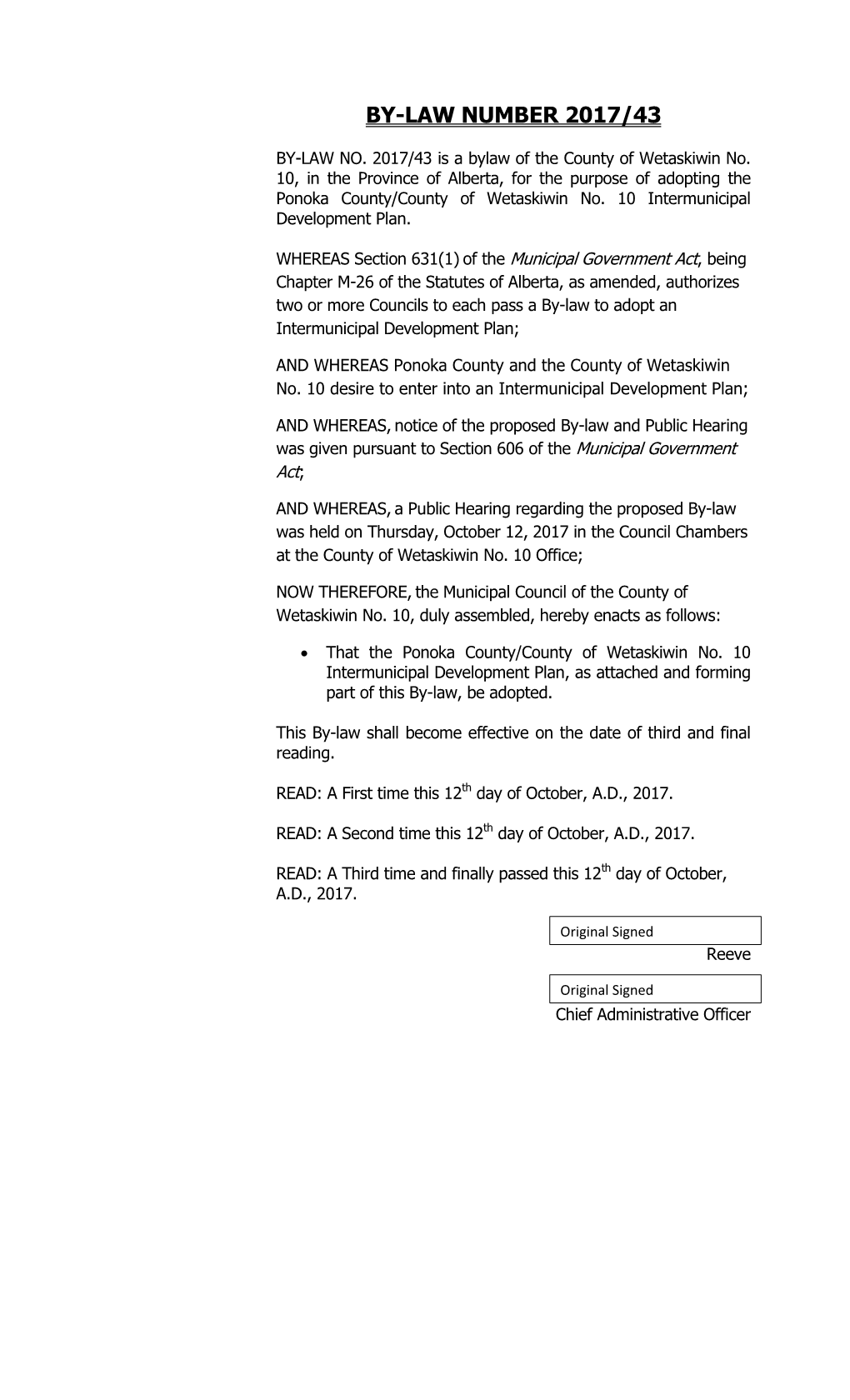 Ponoka County & Wetaskiwin IDP Bylaw 2017/43