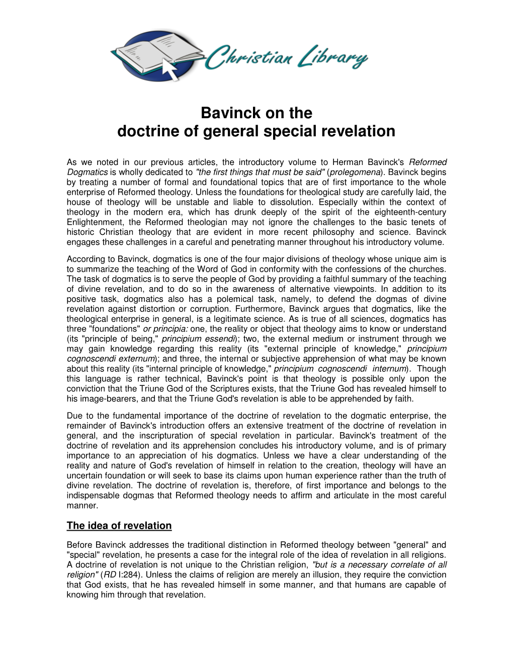 Bavinck on the Doctrine of General Special Revelation