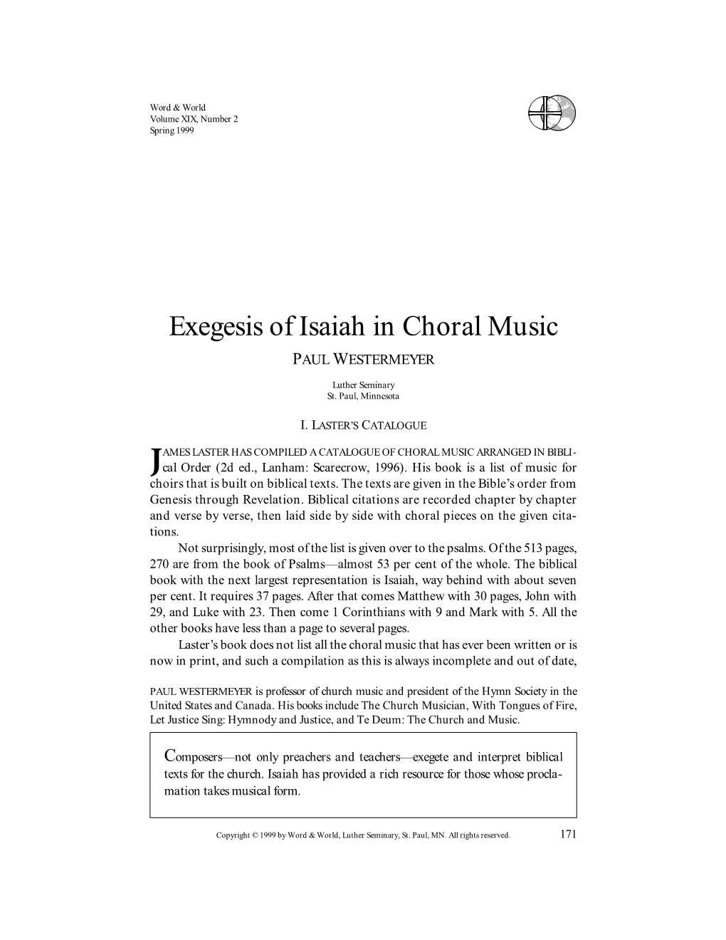 Exegesis of Isaiah in Choral Music PAUL WESTERMEYER