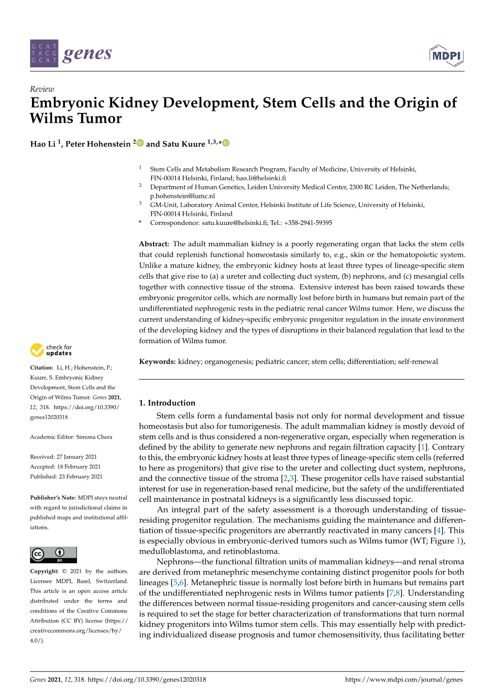 Embryonic Kidney Development, Stem Cells and the Origin of Wilms Tumor