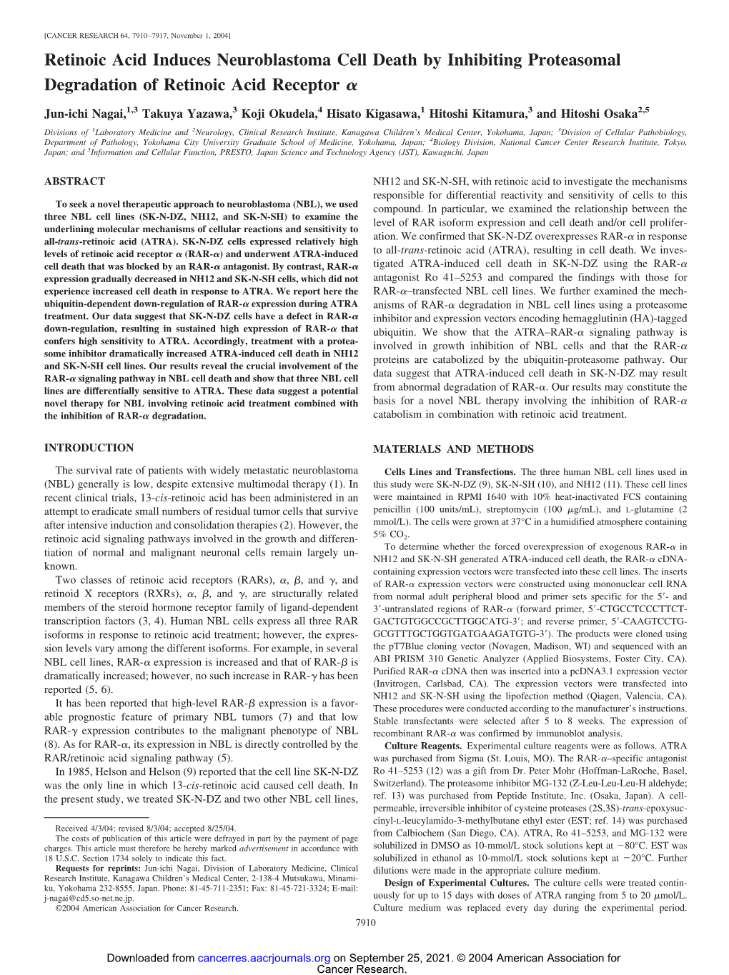 Retinoic Acid Induces Neuroblastoma Cell Death by Inhibiting Proteasomal Degradation of Retinoic Acid Receptor ␣