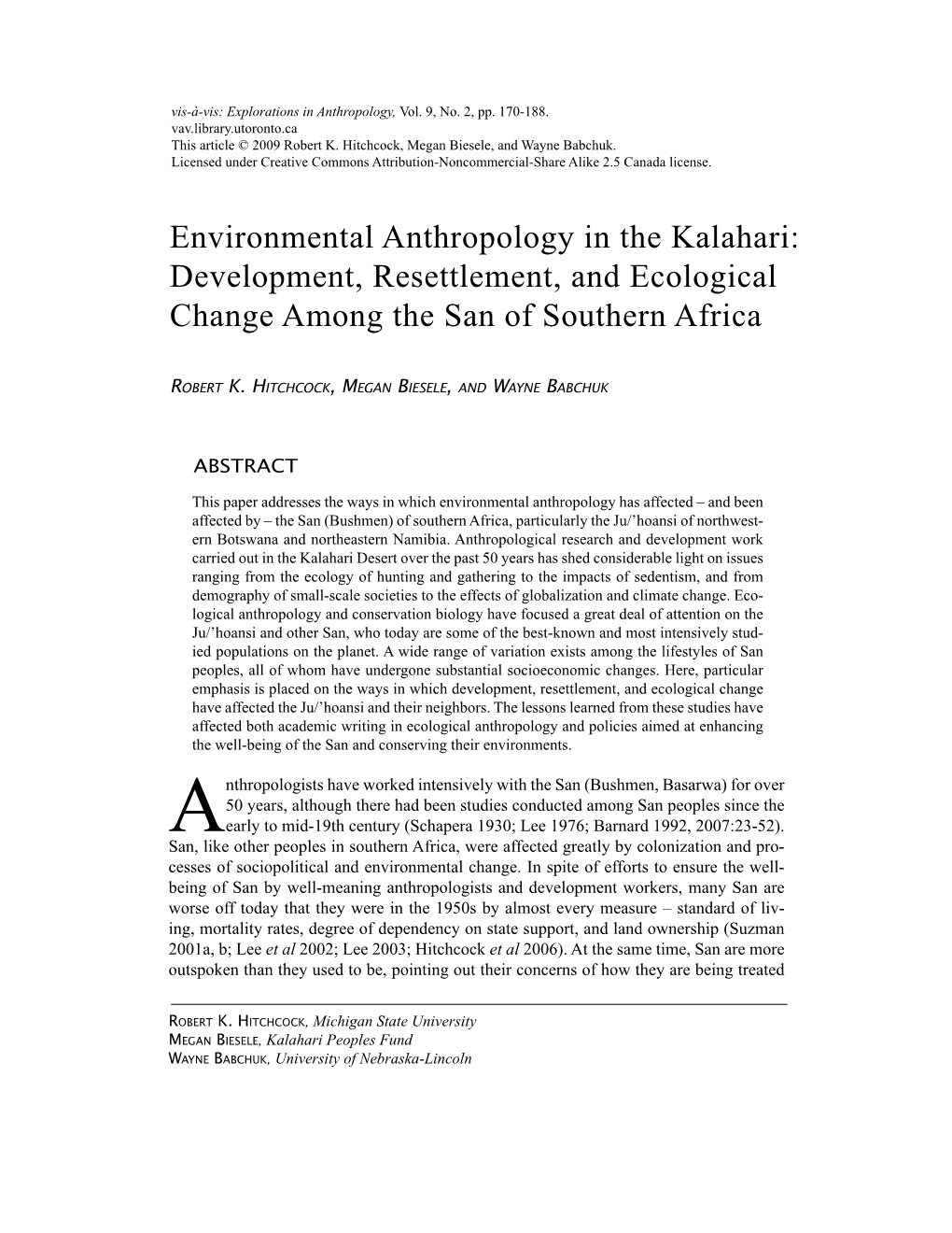 Environmental Anthropology in the Kalahari: Development, Resettlement, and Ecological Change Among the San of Southern Africa