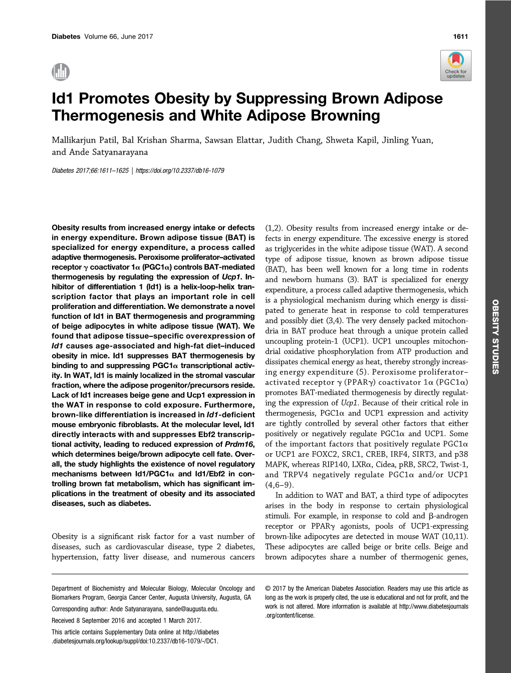 Id1 Promotes Obesity by Suppressing Brown Adipose Thermogenesis and White Adipose Browning