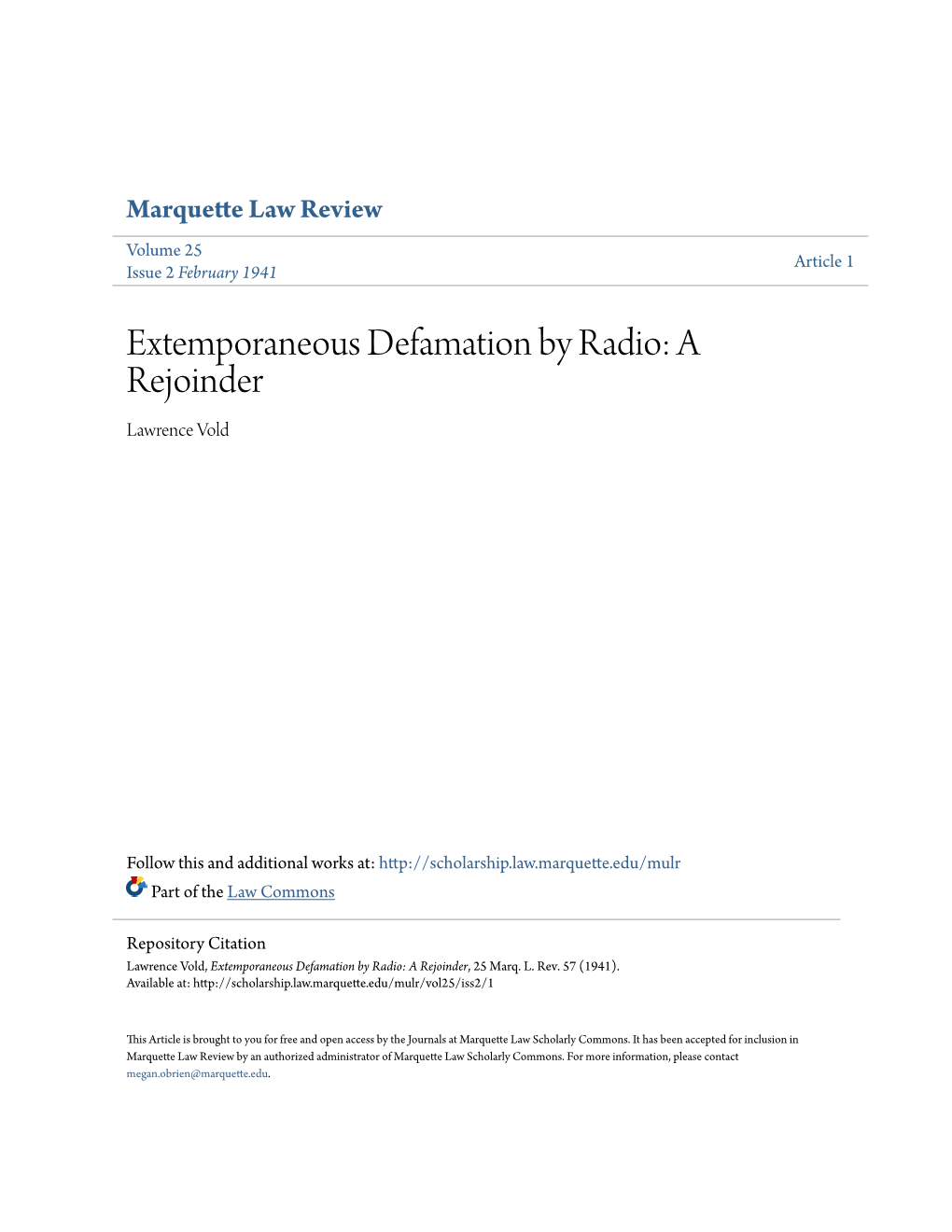 Extemporaneous Defamation by Radio: a Rejoinder Lawrence Vold