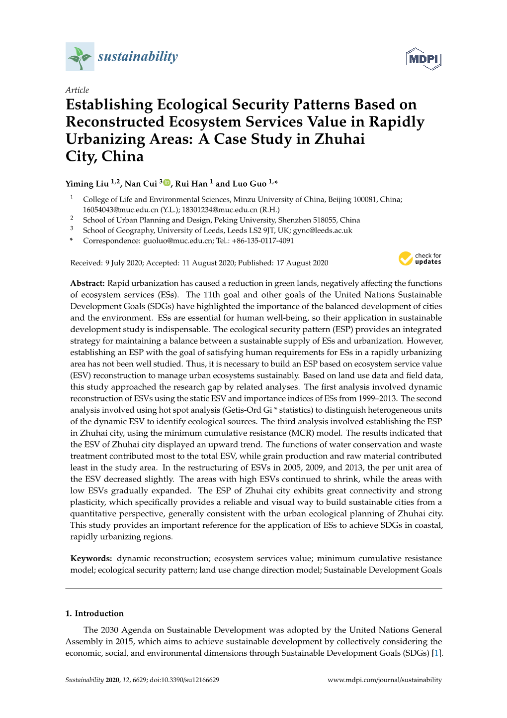 Establishing Ecological Security Patterns Based on Reconstructed Ecosystem Services Value in Rapidly Urbanizing Areas: a Case Study in Zhuhai City, China