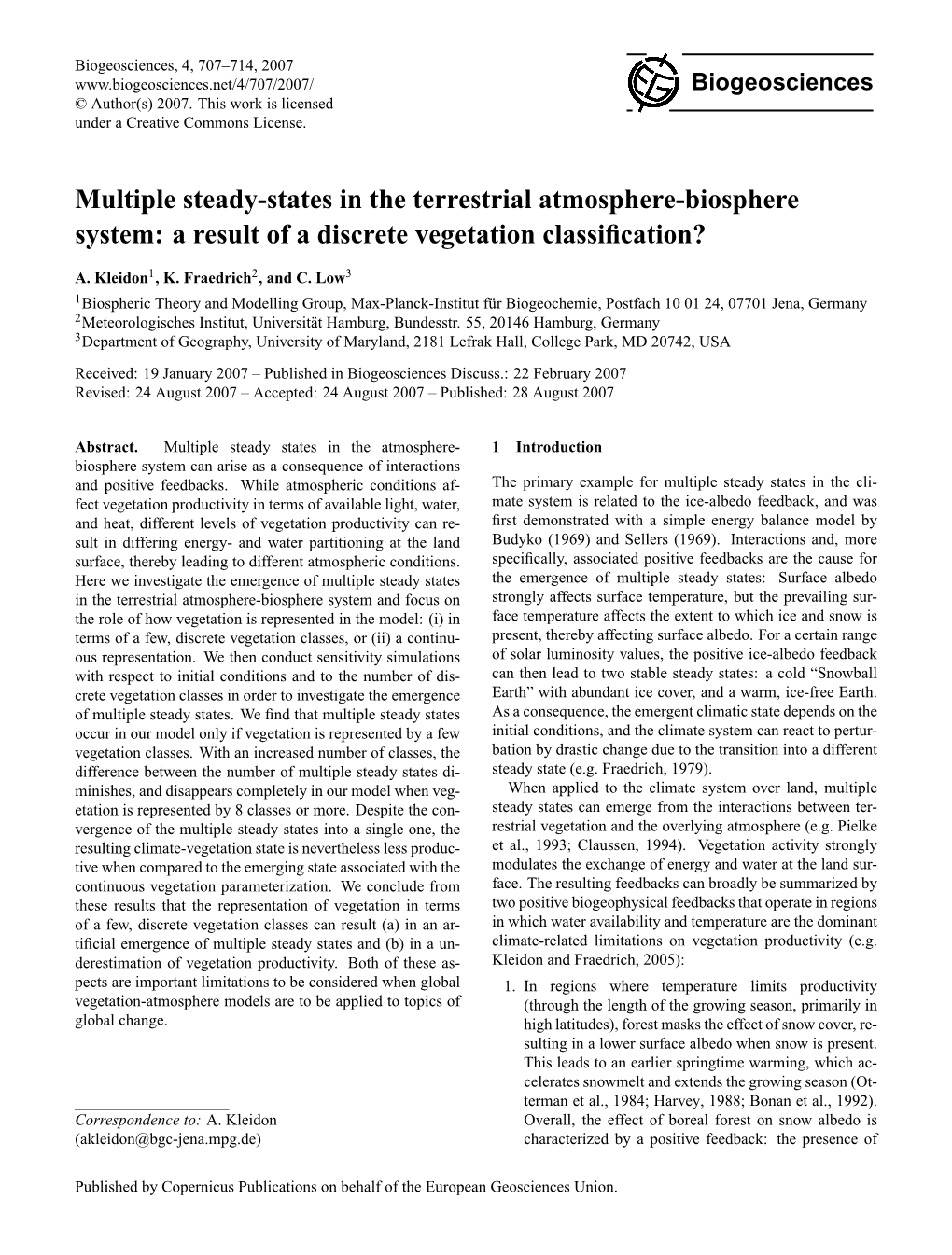 Multiple Steady-States in the Terrestrial Atmosphere-Biosphere System: a Result of a Discrete Vegetation Classiﬁcation?