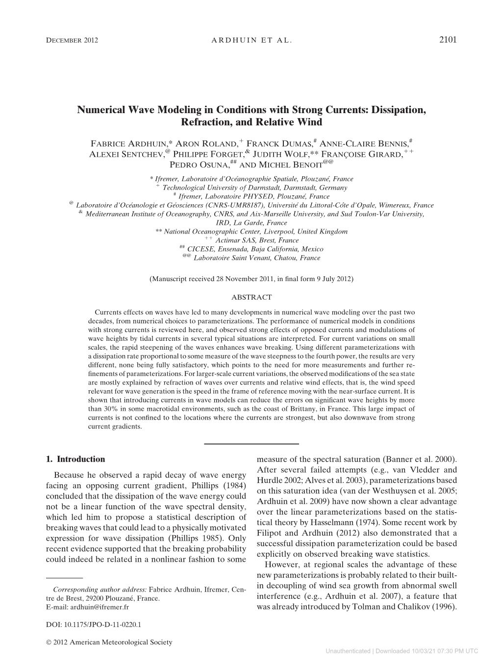 Downloaded 10/03/21 07:30 PM UTC 2102 JOURNAL of PHYSICAL OCEANOGRAPHY VOLUME 42