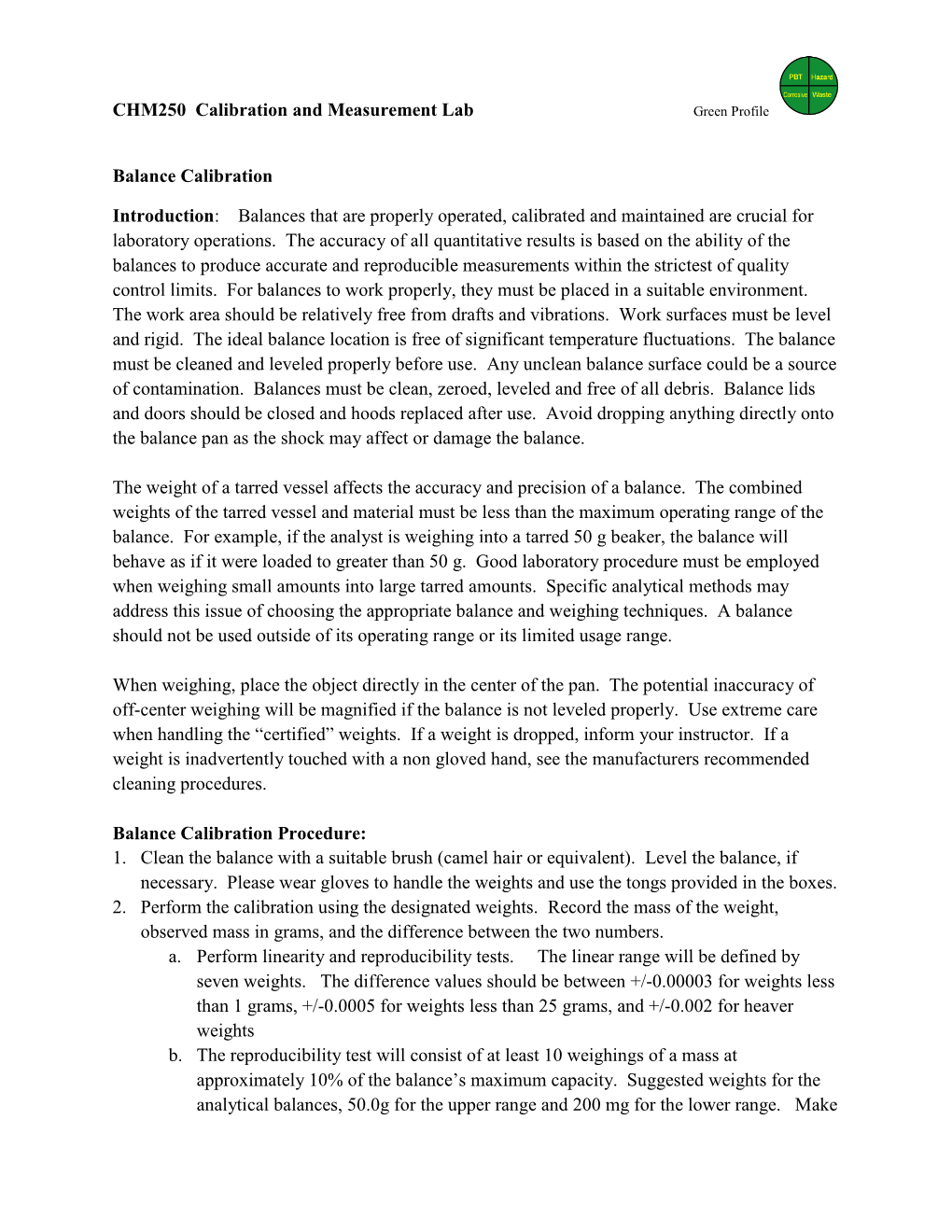 CHM250 Calibration and Measurement Lab Green Profile