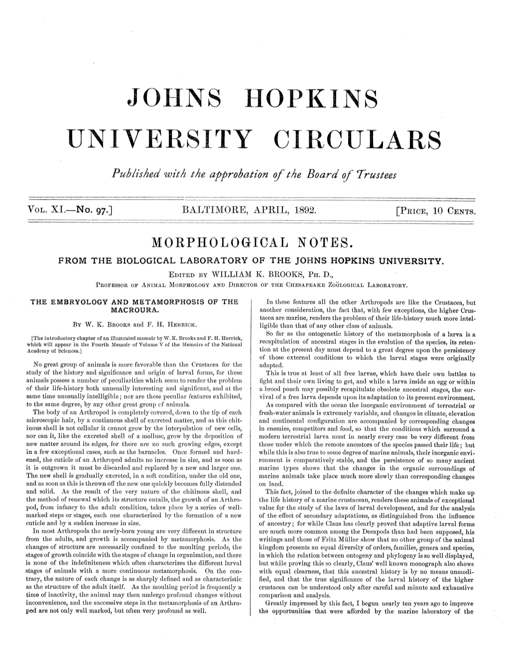Morphological Notes. from the Biological Laboratory of the Johns Hopkins University