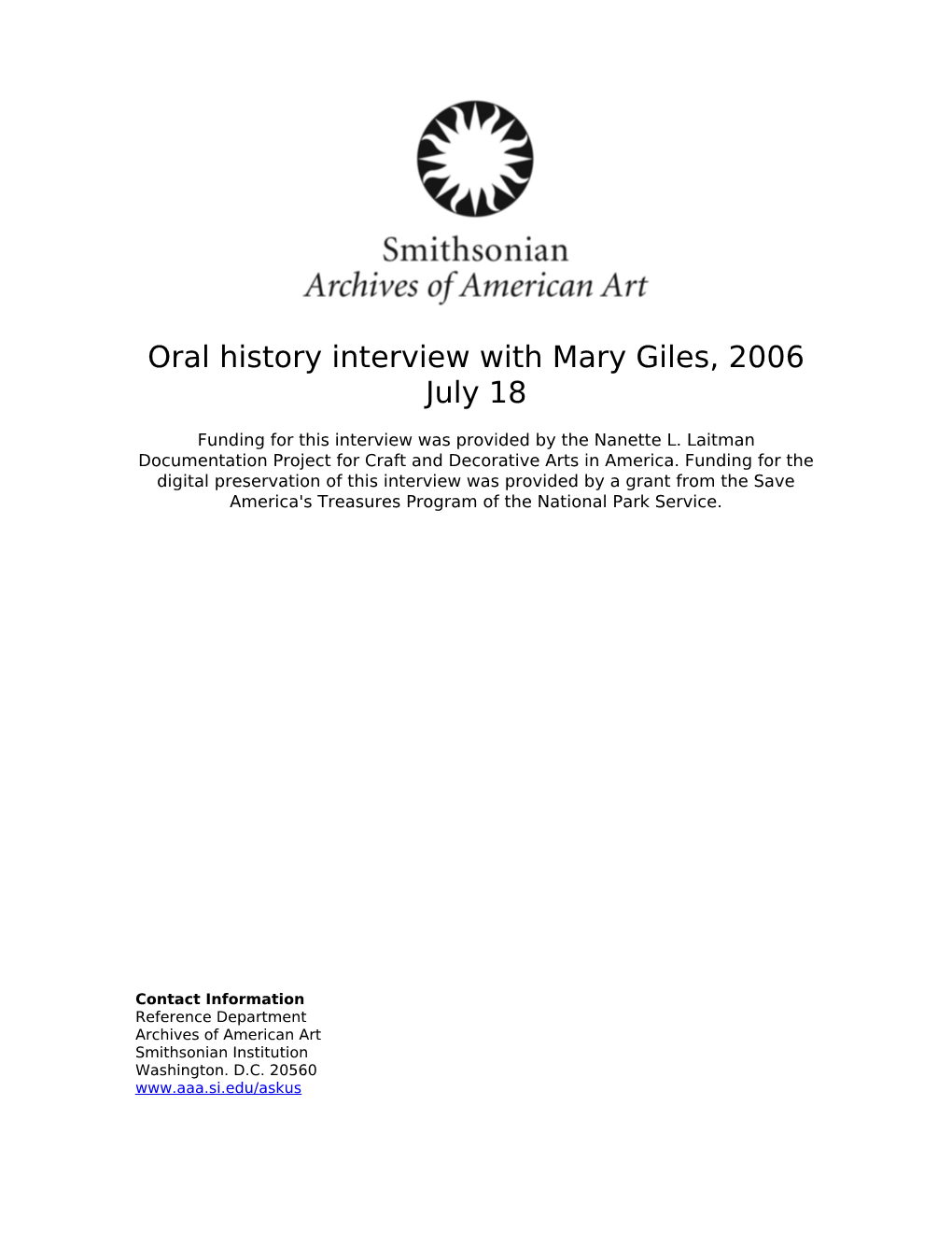 Oral History Interview with Mary Giles, 2006 July 18