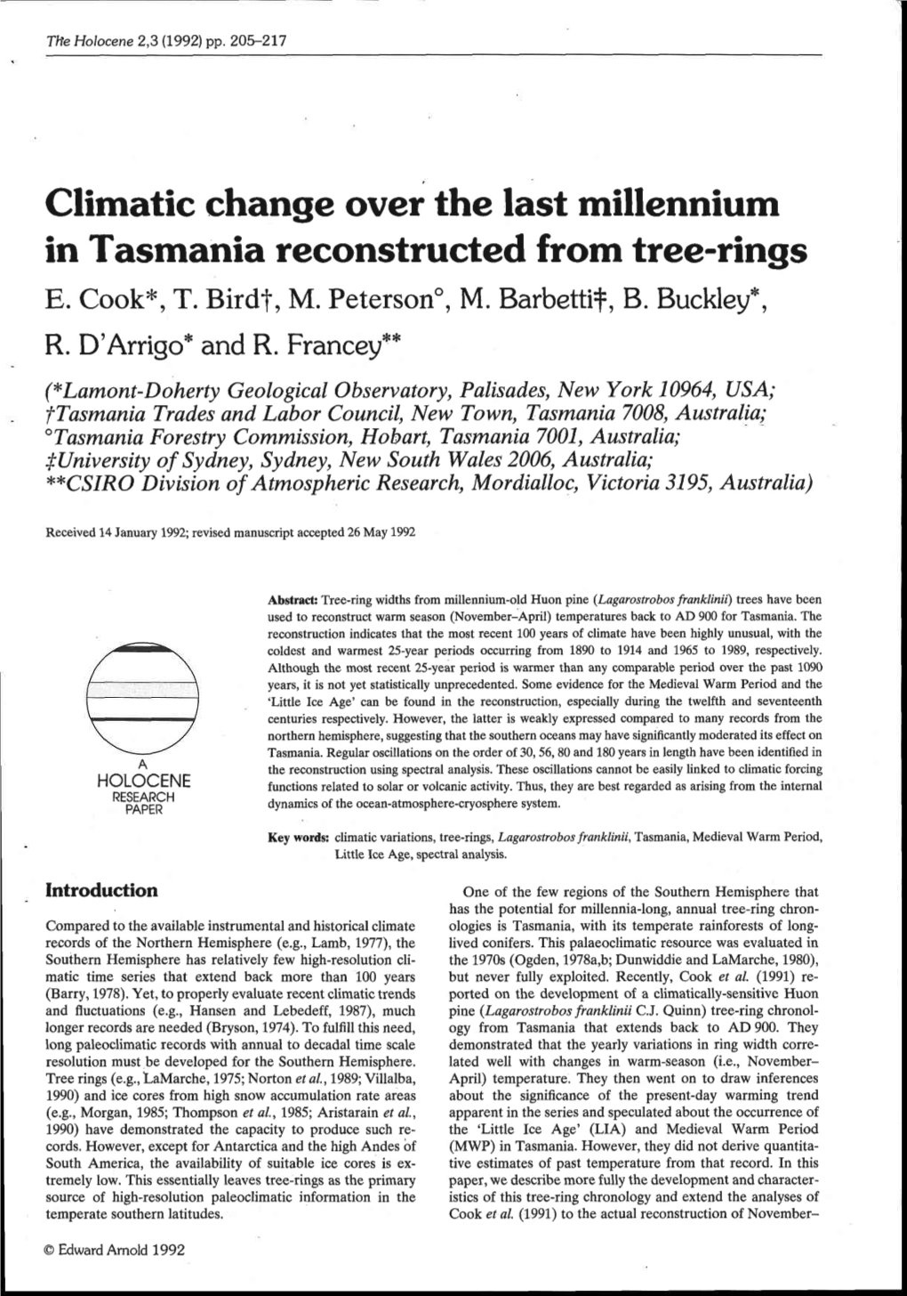 Climatic Change Over the Last Millennium in Tasmania Reconstructed from Ttee-Rings E