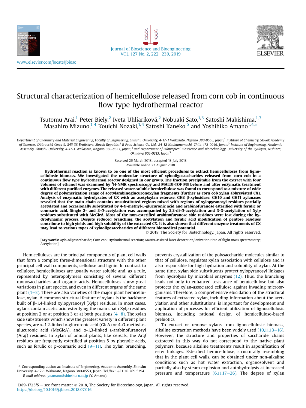 Structural Characterization of Hemicellulose Released from Corn Cob in Continuous ﬂow Type Hydrothermal Reactor