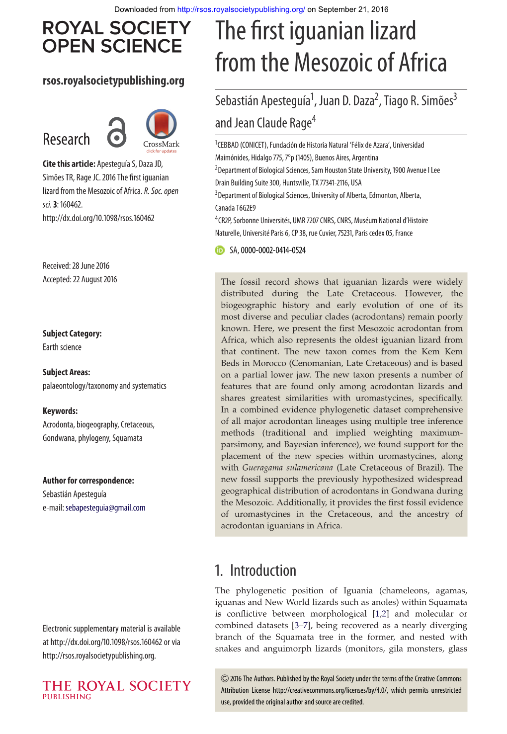 The First Iguanian Lizard from the Mesozoic of Africa Rsos.Royalsocietypublishing.Org Sebastián Apesteguía1,Juand.Daza2, Tiago R