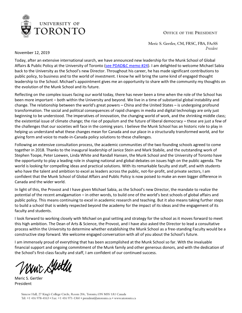 President's Letter to Munk Community