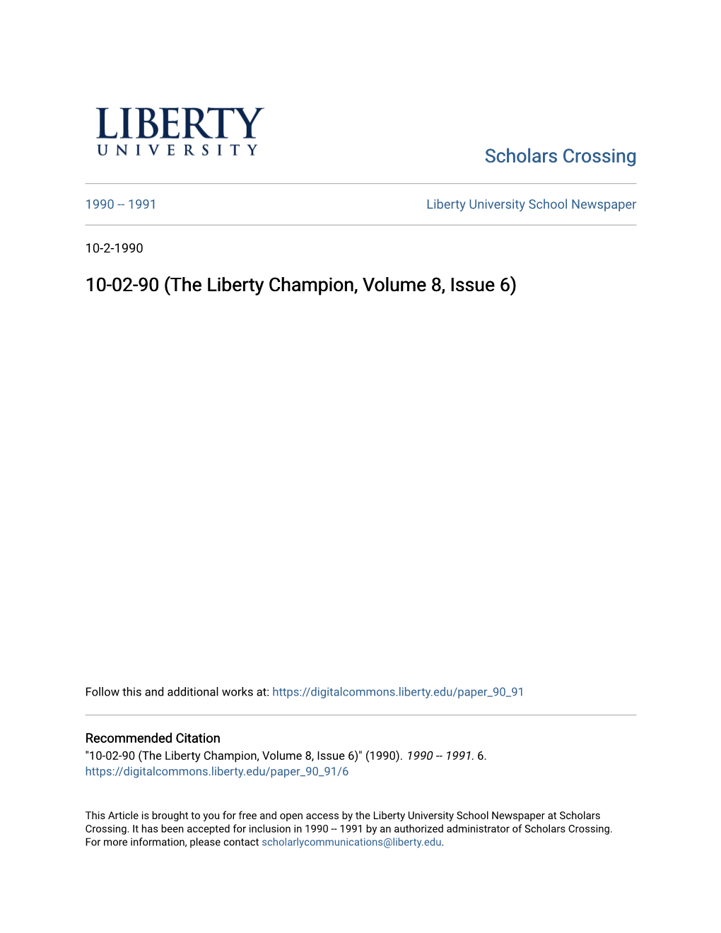 The Liberty Champion. to Liberty University Classified Advertisements Are $2 for 15 Words Or Less and Students 10^ for Each Additional Word