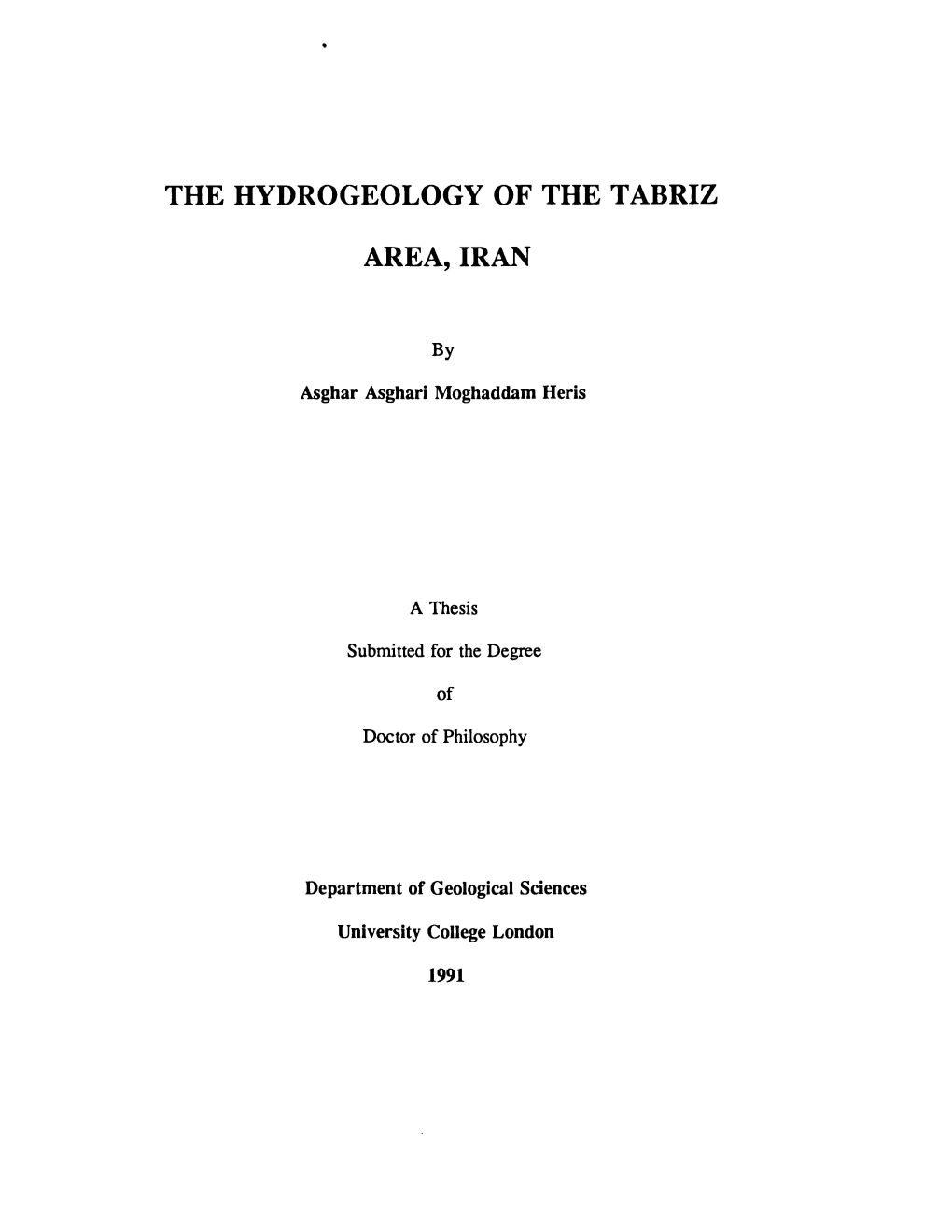 The Hydrogeology of the Tabriz Area, Iran