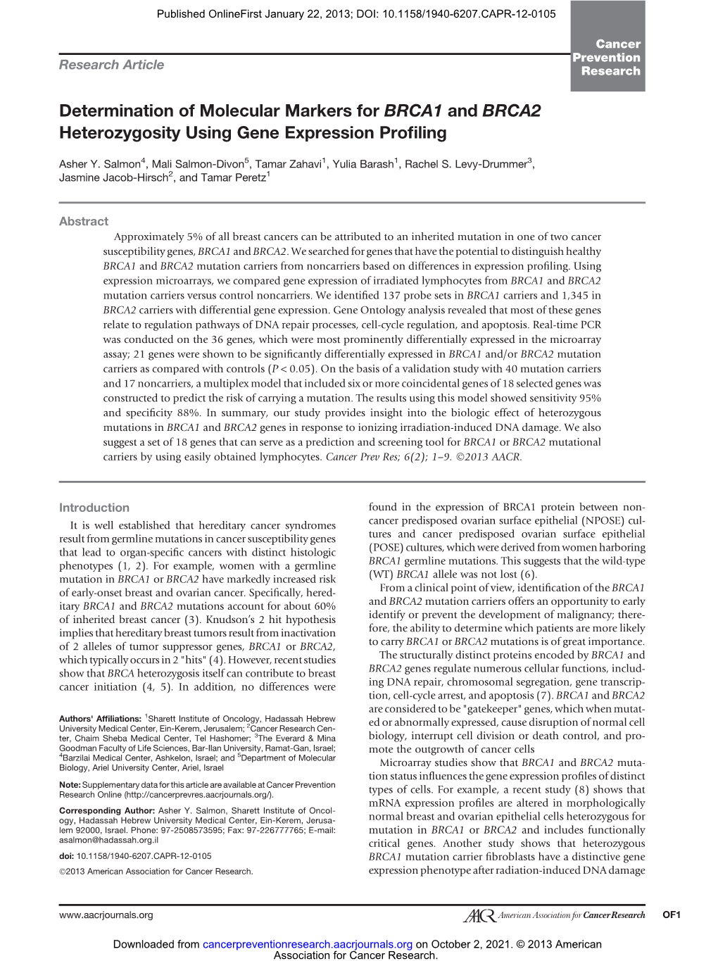 Determination of Molecular Markers for BRCA1 and BRCA2 Heterozygosity Using Gene Expression Profiling