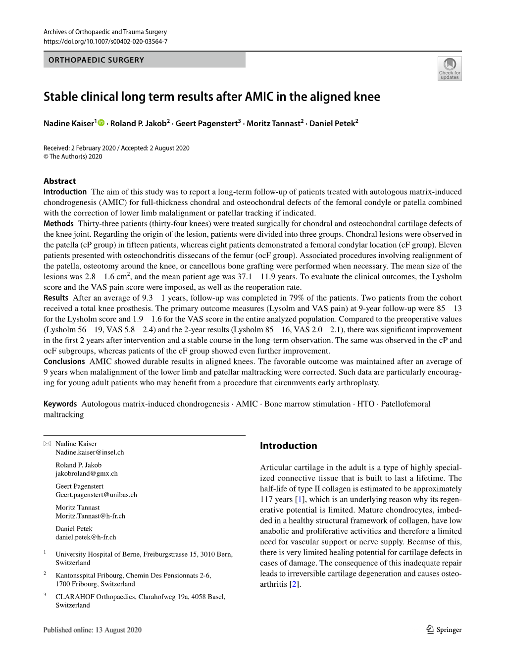 Stable Clinical Long Term Results After AMIC in the Aligned Knee