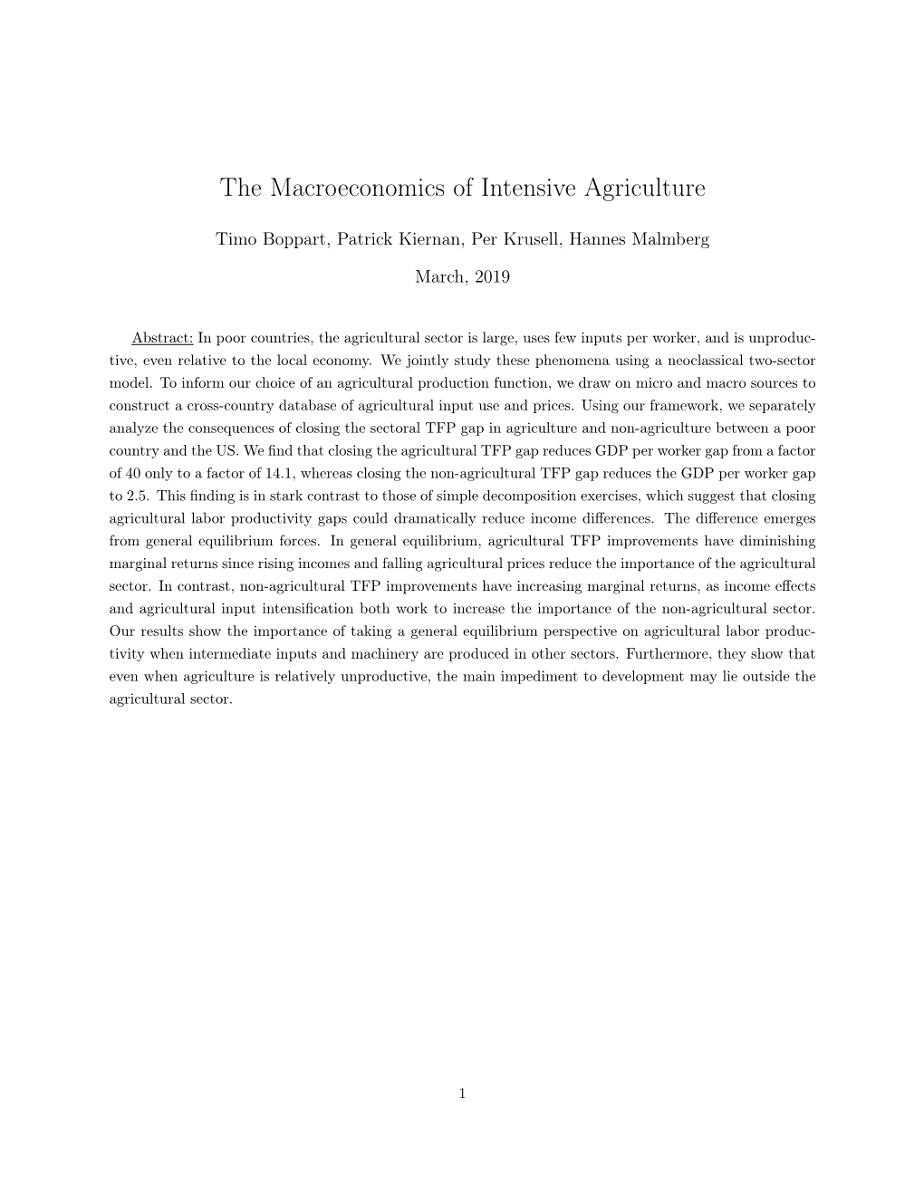 The Macroeconomics of Intensive Agriculture