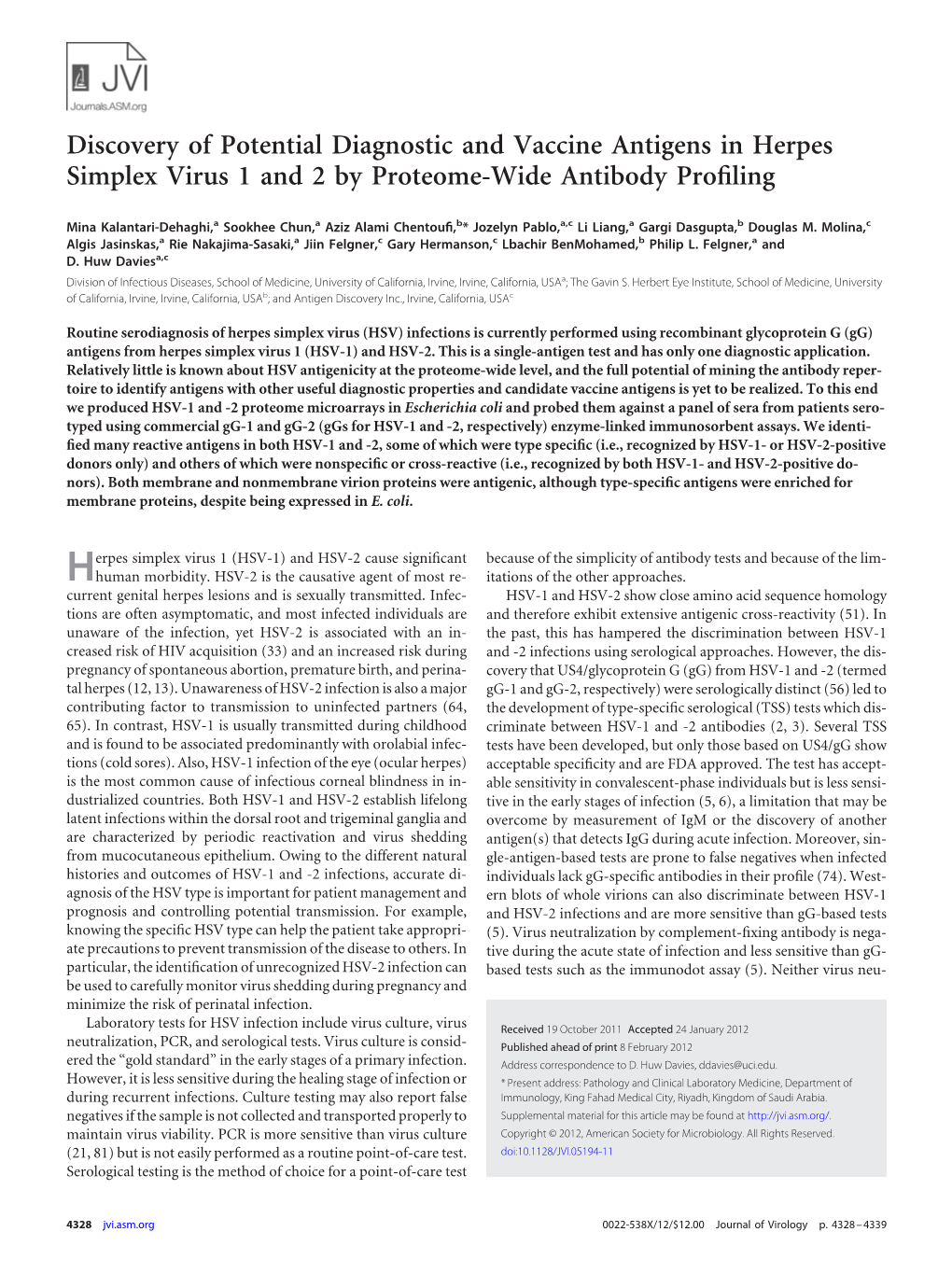 Discovery of Potential Diagnostic and Vaccine Antigens in Herpes Simplex Virus 1 and 2 by Proteome-Wide Antibody Proﬁling