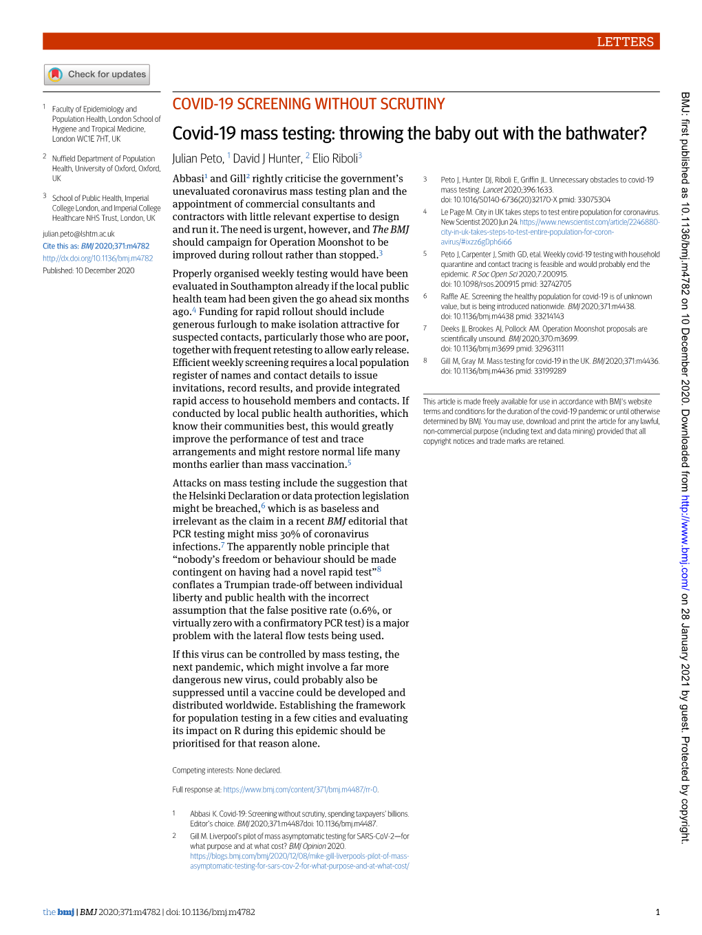 Covid-19 Mass Testing: Throwing the Baby out with the Bathwater?