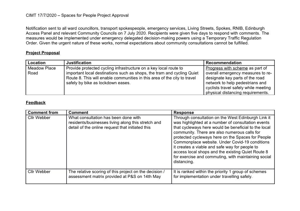 CIMT 17/7/2020 – Spaces for People Project Approval Notification Sent To