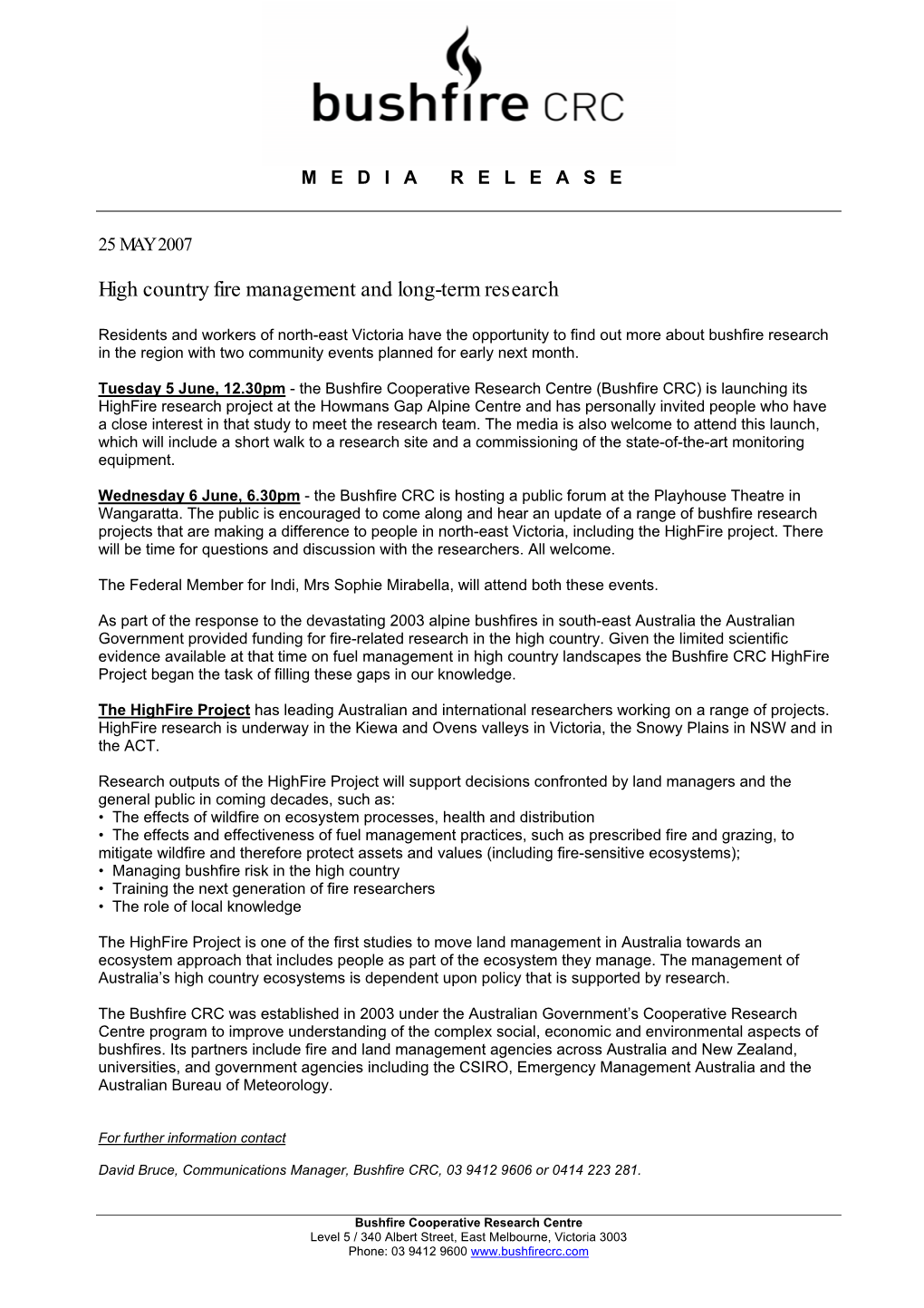 High Country Fire Management and Long-Term Research