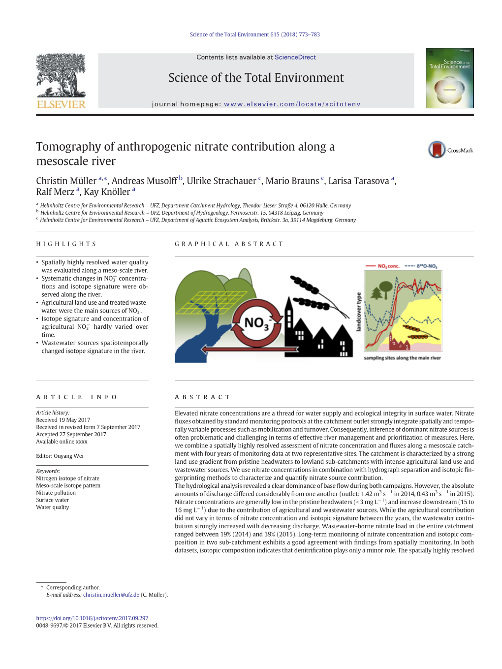 Tomography of Anthropogenic Nitrate Contribution Along a Mesoscale River