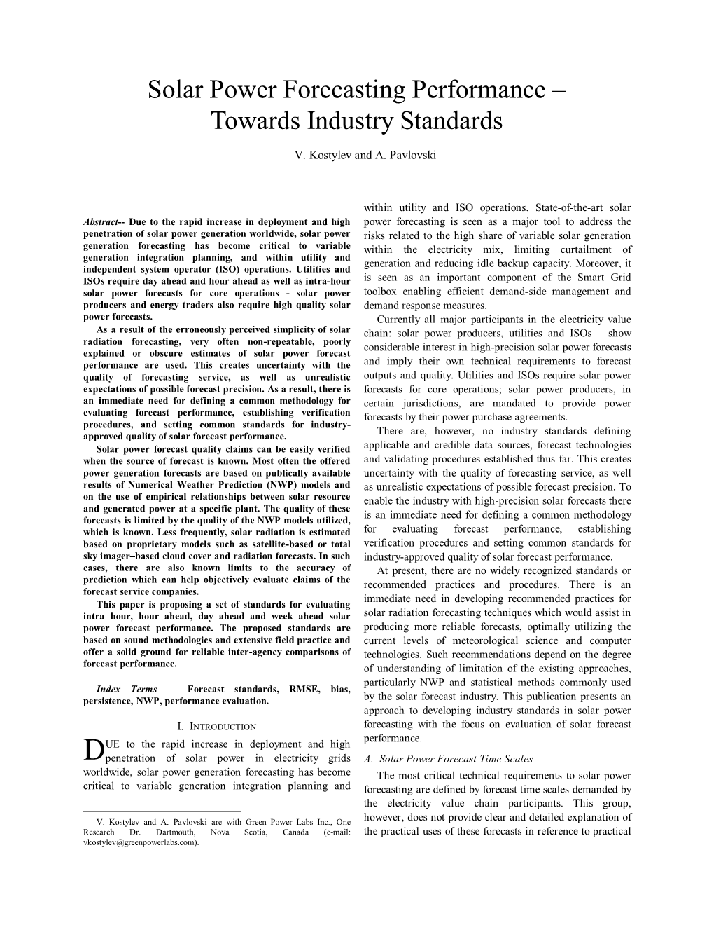 Solar Power Forecasting Performance – Towards Industry Standards