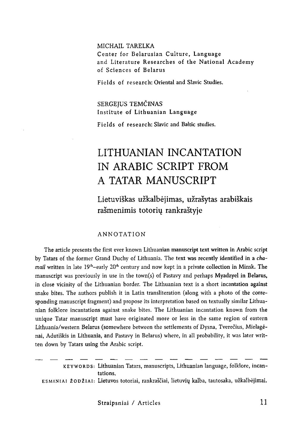 Lithuanian Incantation in Arabic Script from a Tatar Manuscript