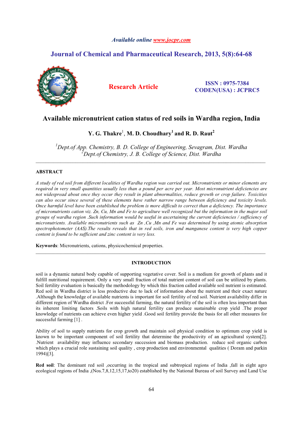 Available Micronutrient Cation Status of Red Soils in Wardha Region, India