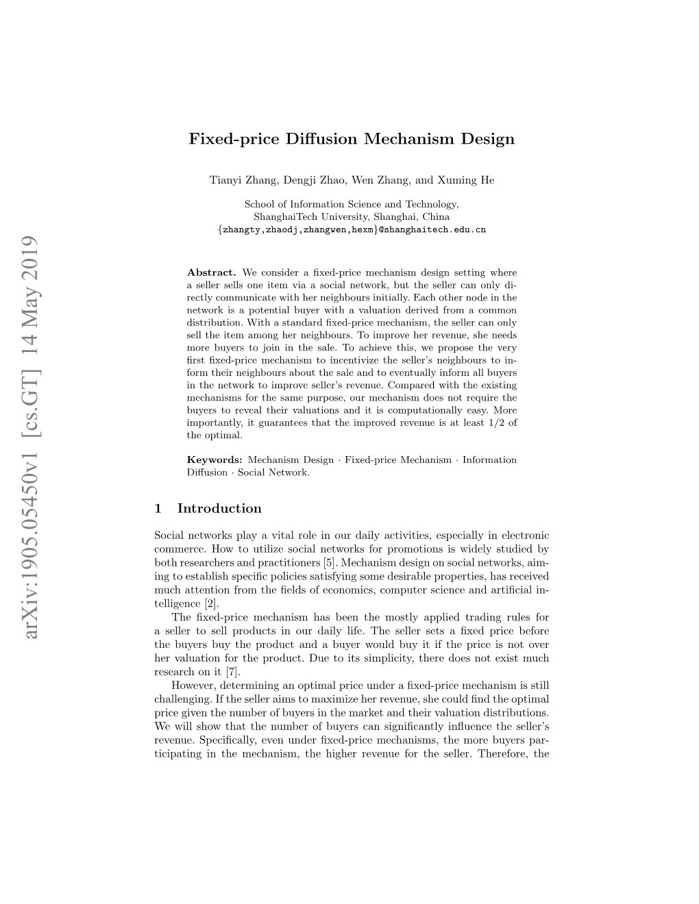 Arxiv:1905.05450V1 [Cs.GT] 14 May 2019 the Buyers Buy the Product and a Buyer Would Buy It If the Price Is Not Over Her Valuation for the Product