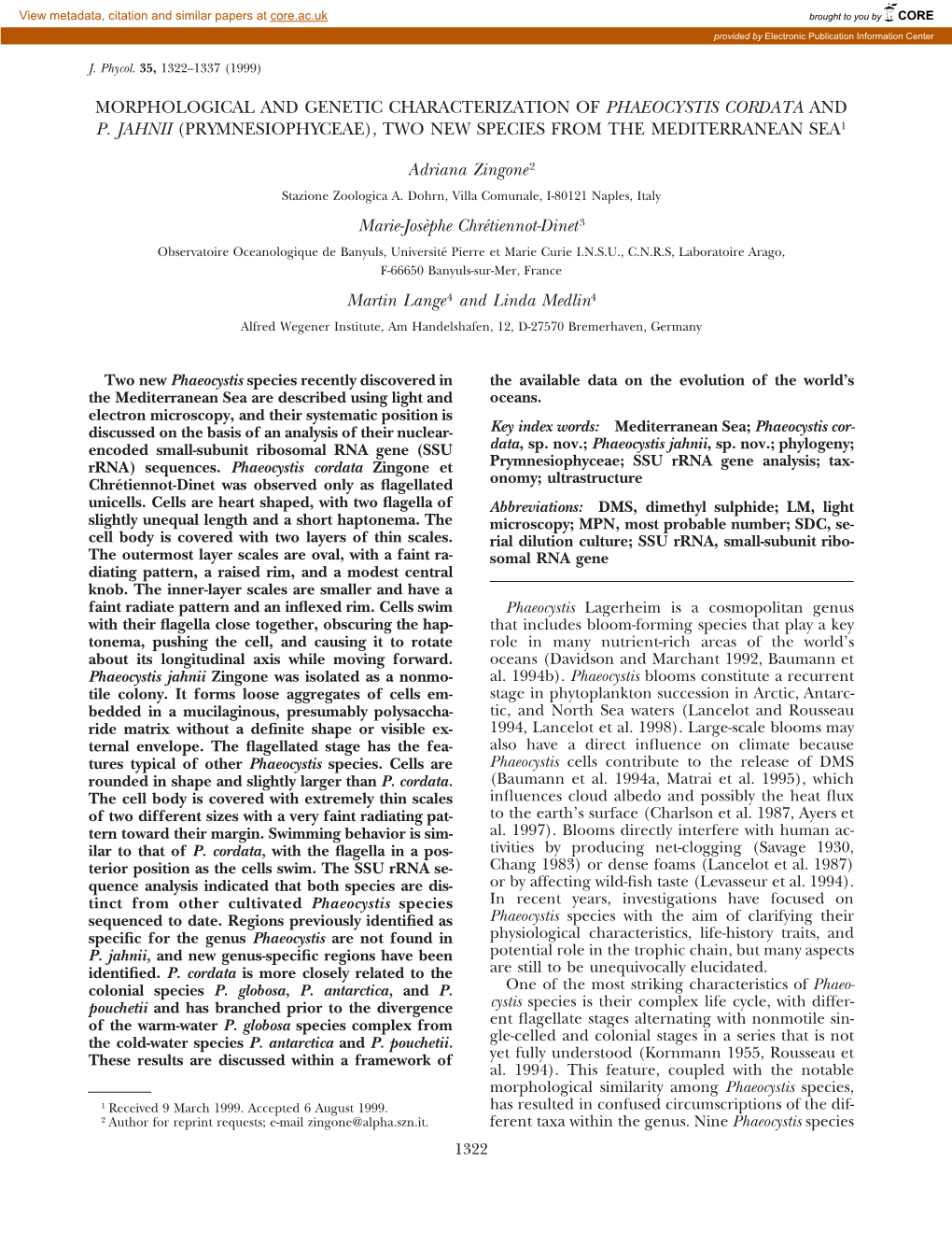 Morphological and Genetic Characterization of Phaeocystis Cordata and P