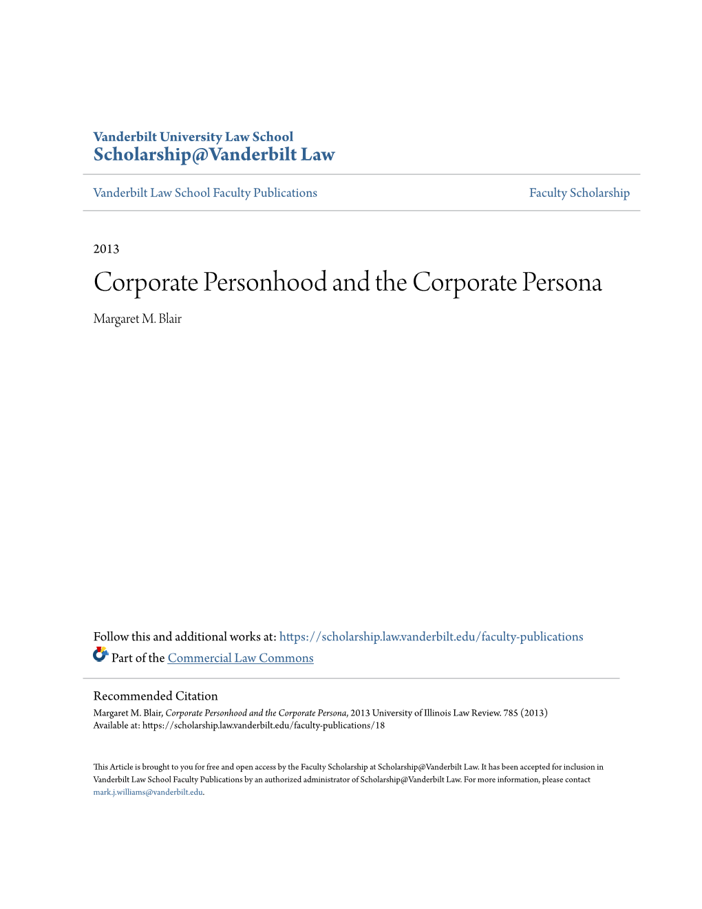 Corporate Personhood and the Corporate Persona Margaret M