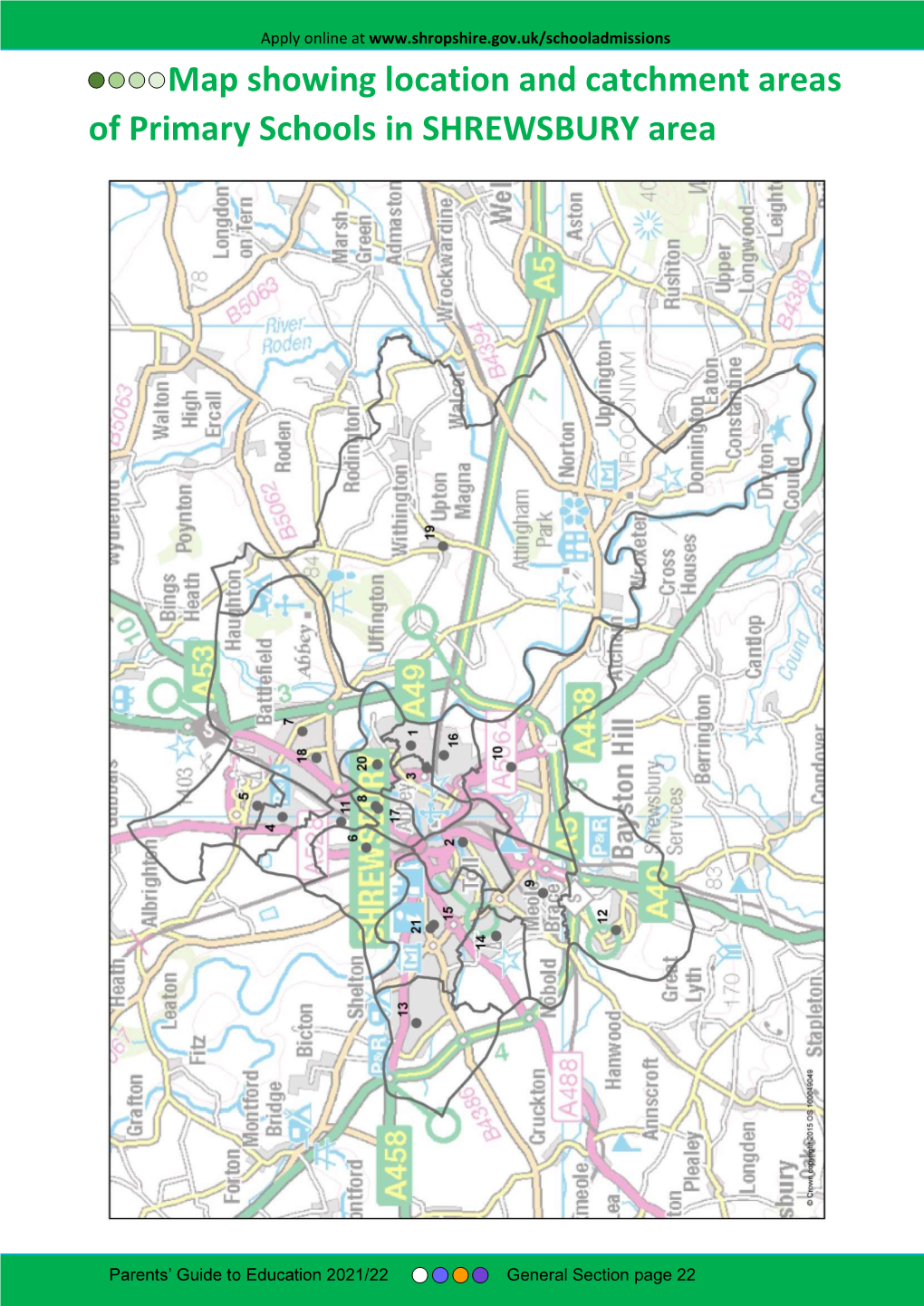 Map Showing Location and Catchment Areas of Primary Schools in SHREWSBURY Area